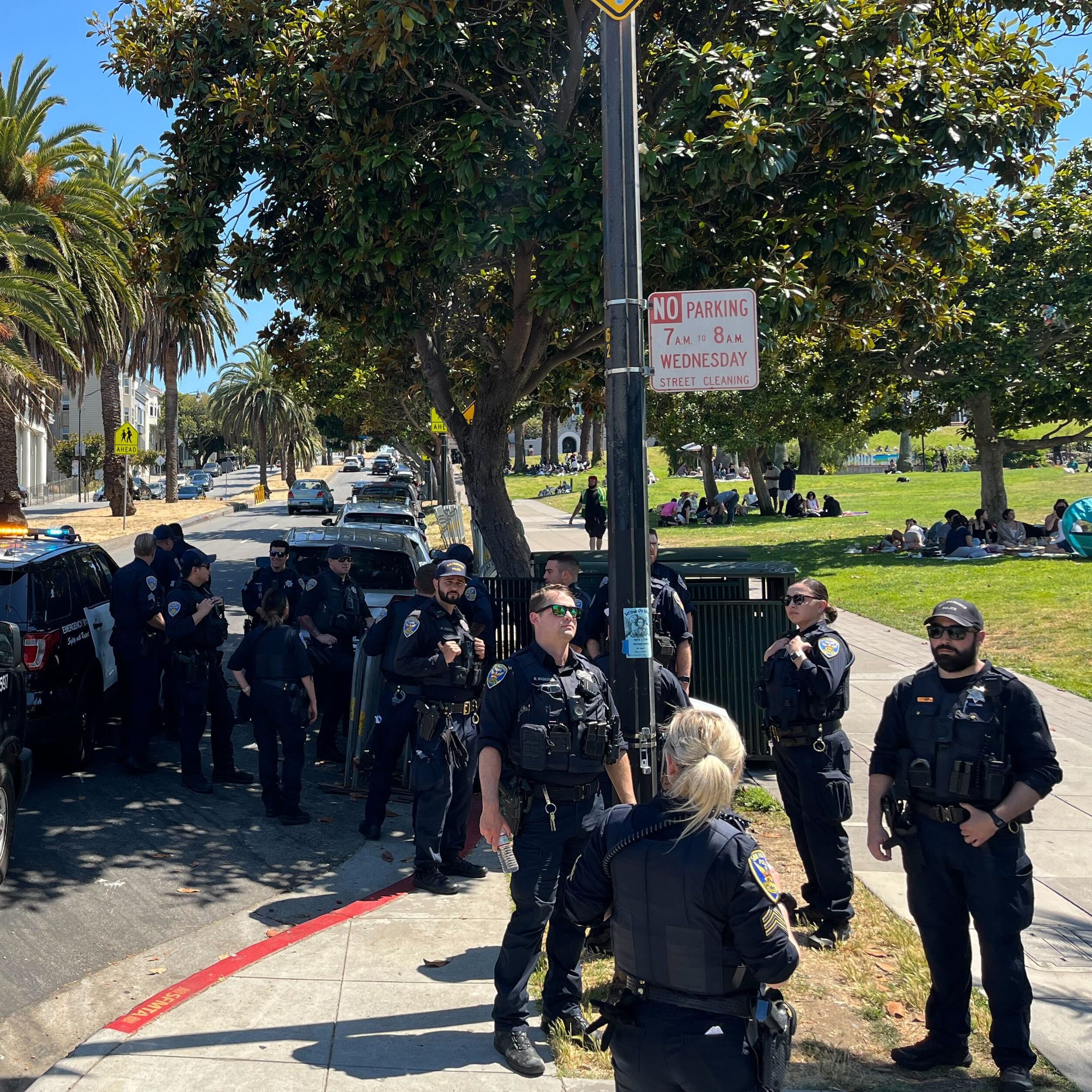 A group of police officers stand on a sidewalk beside police vehicles, near a park with people sitting on grass. Palm trees and buildings are visible in the background.