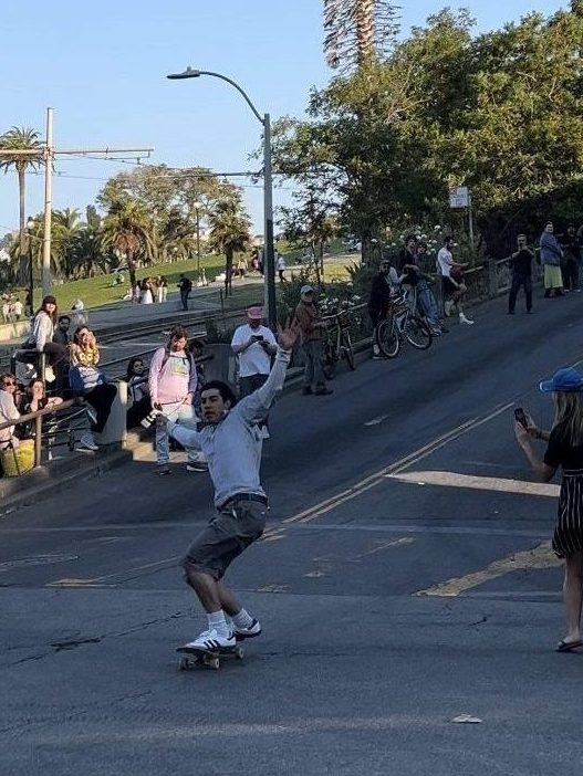 A skateboarder is performing a trick in the middle of a street filled with spectators on both sides. It's a sunny day with clear skies and a tall palm tree in the background.