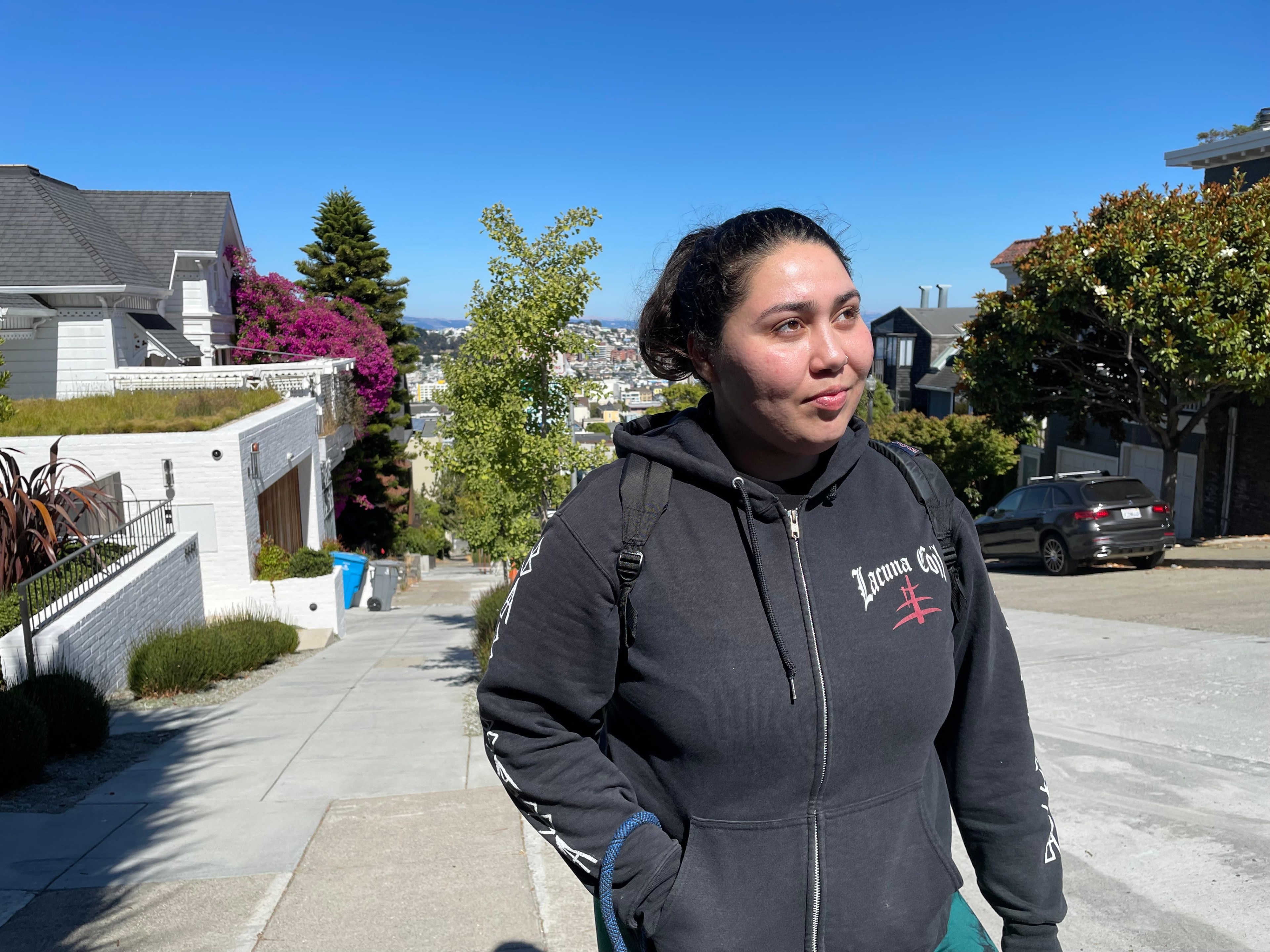 A person in a black hoodie stands on a sunny street with houses, trees, and vibrant purple flowers. The background reveals a city skyline under a clear blue sky.