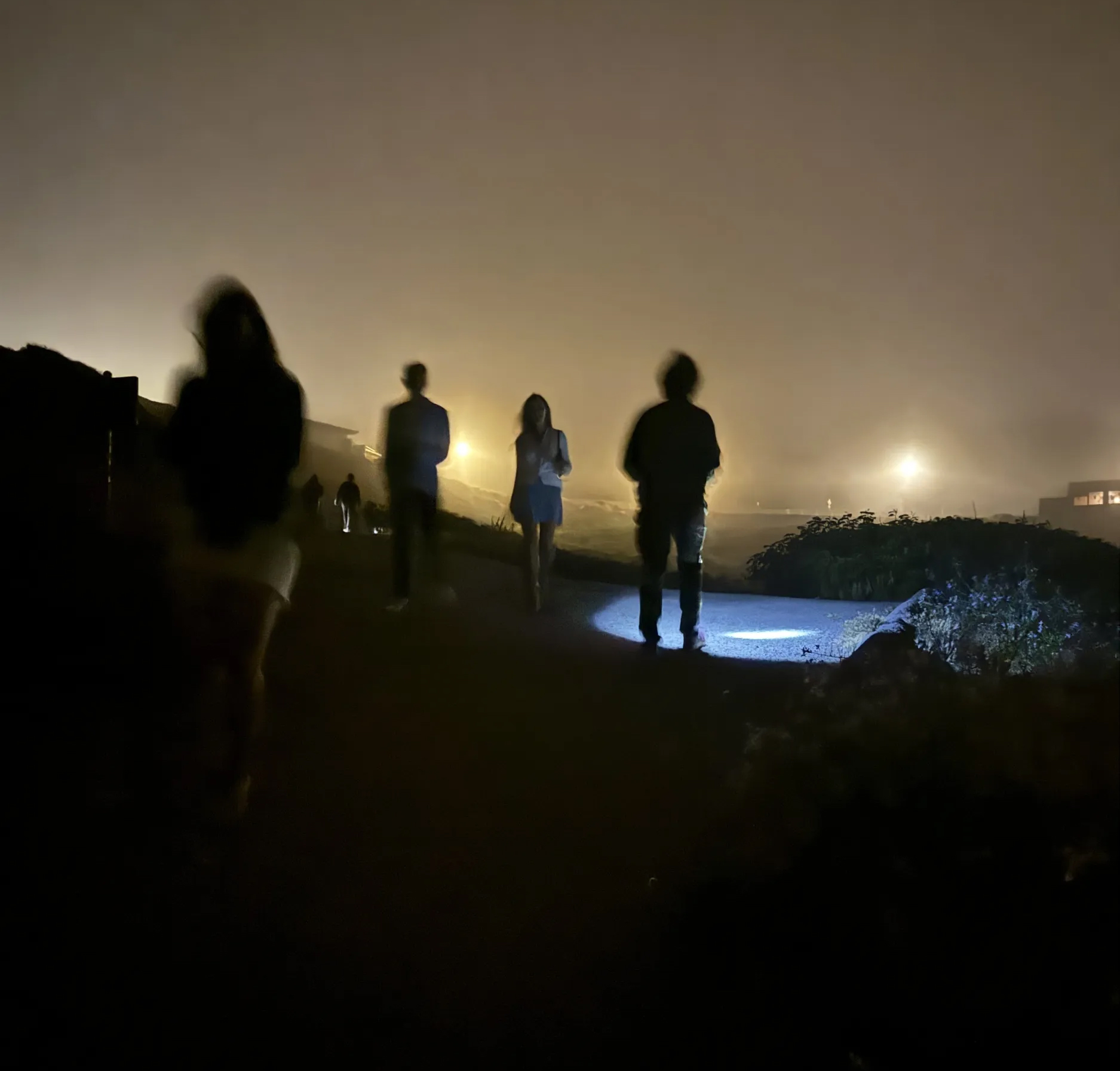 The image shows people walking at night on a foggy path, illuminated by a few distant streetlights. One person stands out by holding a flashlight, casting a blue glow.