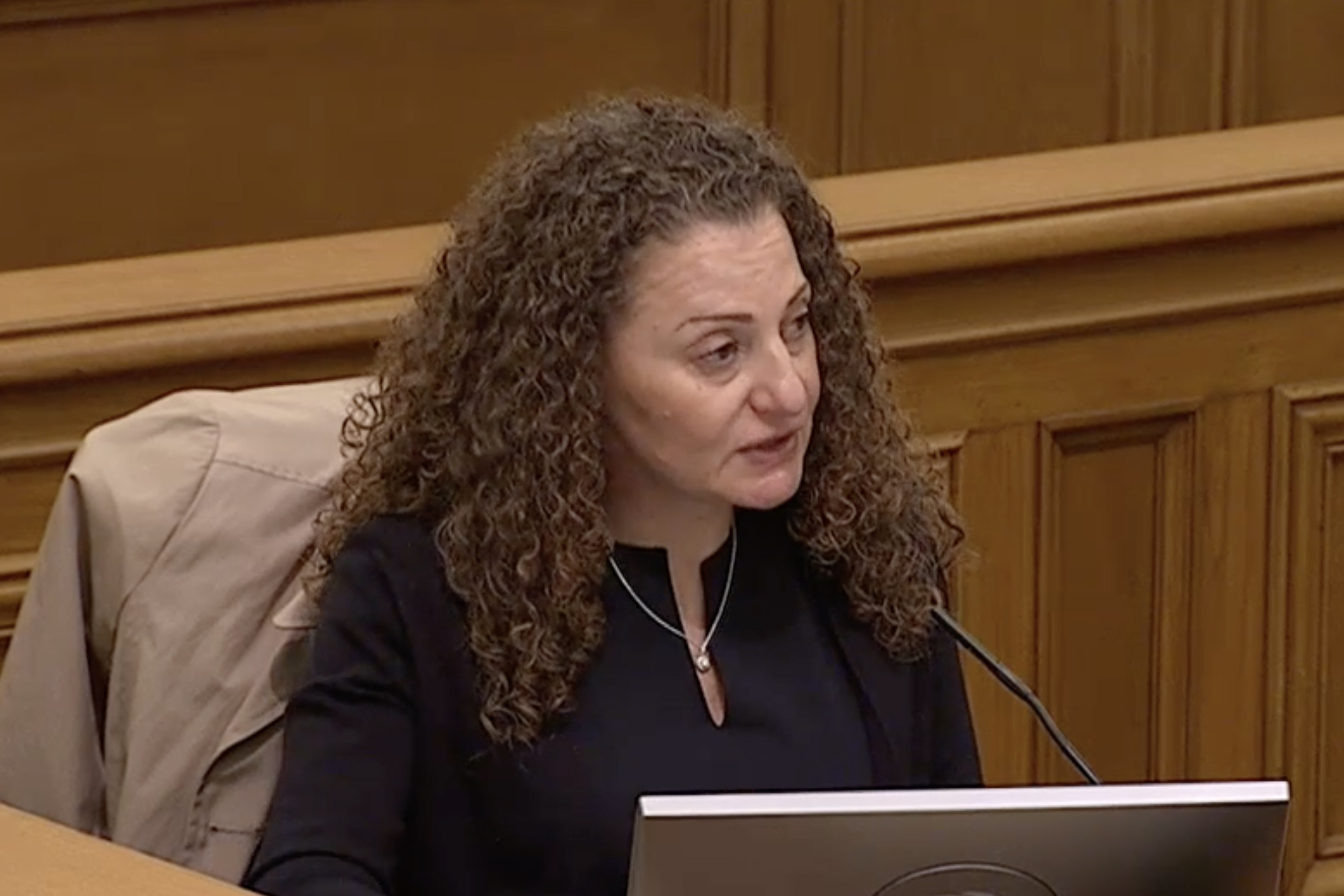 A woman with curly hair is speaking, seated in a wooden-paneled room, wearing a dark top with a necklace. She has a microphone and a laptop in front of her.