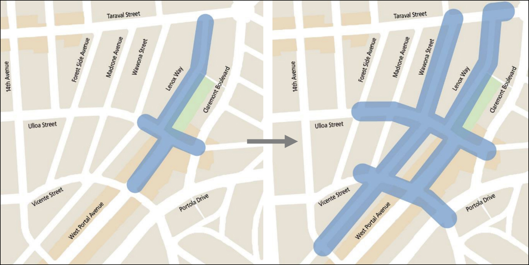 The image shows a before-and-after map of a road network. The &quot;before&quot; side has fewer blue-highlighted roads compared to the &quot;after&quot; side, which has more.