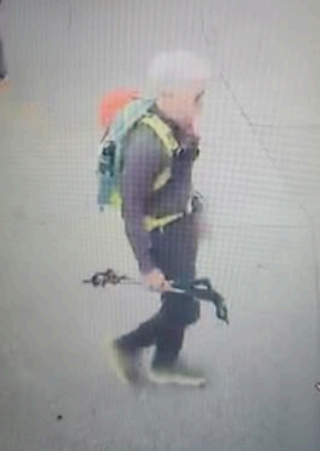 An older individual with white hair is walking, wearing a backpack and holding a walking stick in one hand. The ground appears gray and the person is looking down.