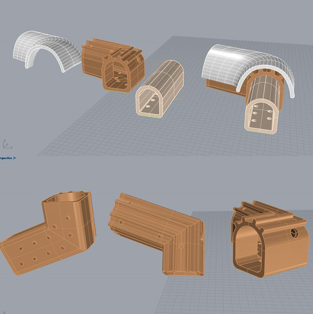 The image displays a 3D model of a modular pipe system with various parts including curved, straight, and elbow sections, shown from different angles and in wireframe form.