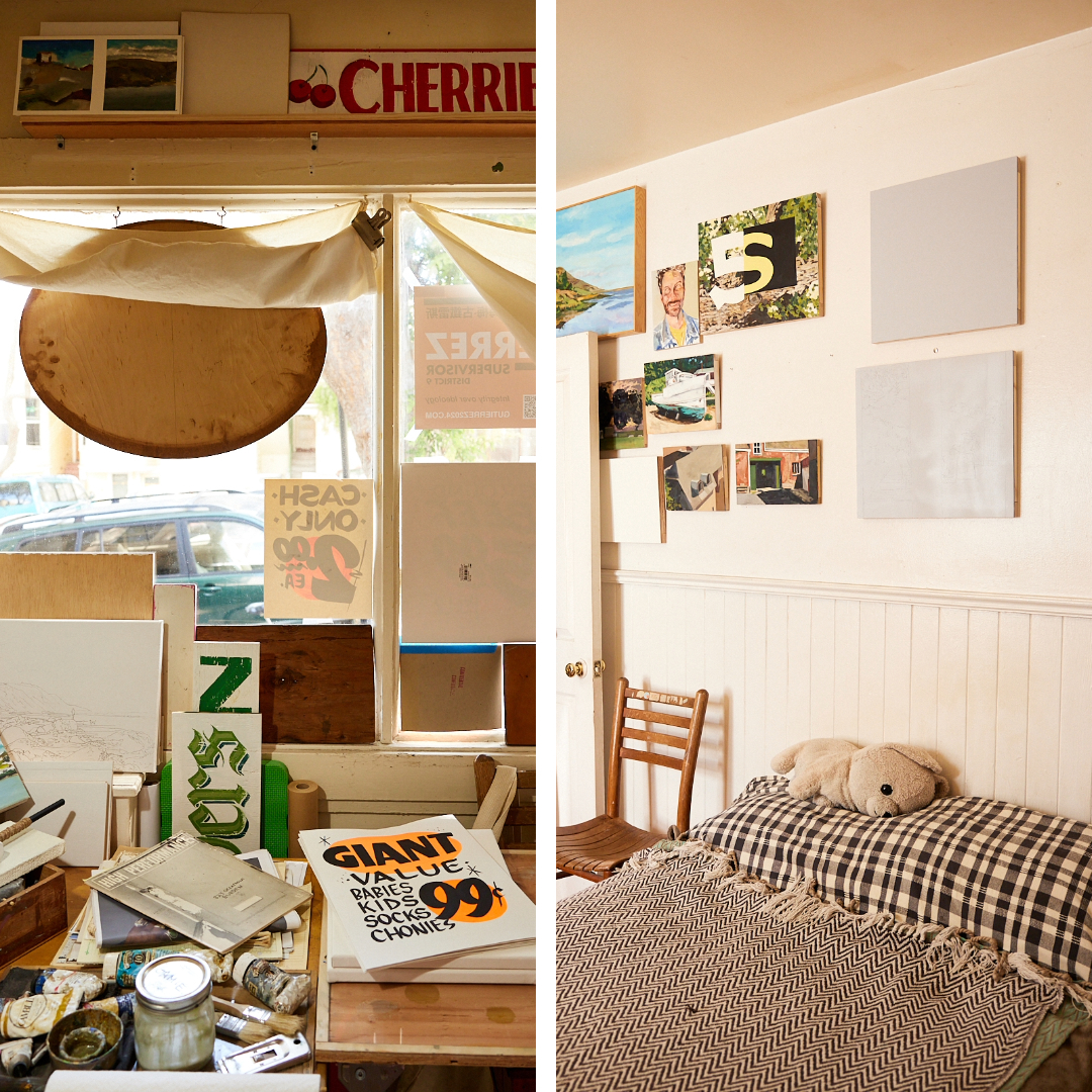 The image shows two sections: a cluttered art studio with canvases and paint supplies on the left, and a cozy bedroom with a bed, a chair, and art on the walls on the right.