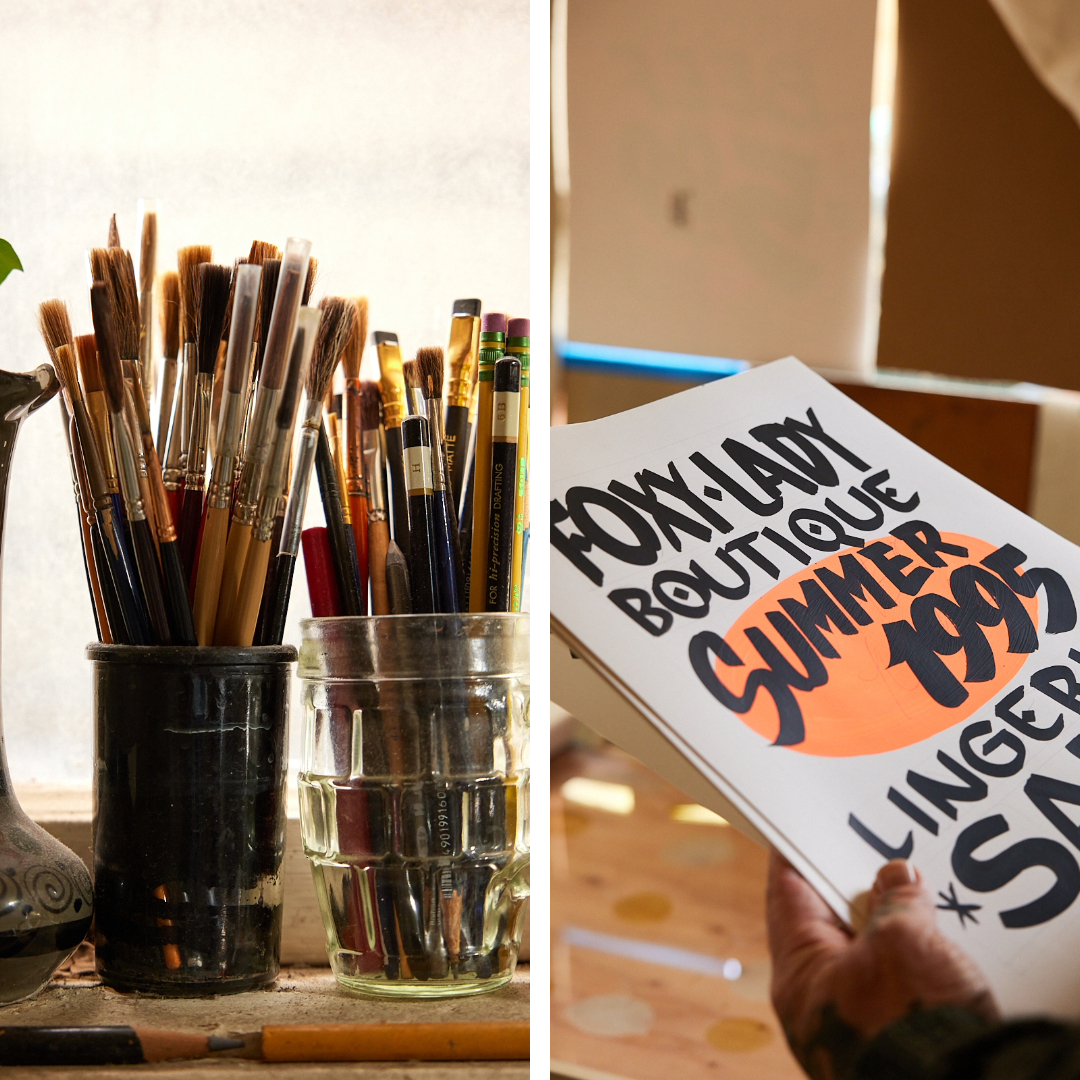 The image shows paintbrushes and pencils in jars on the left, and a hand holding a vintage poster announcing a 1995 summer lingerie sale on the right.