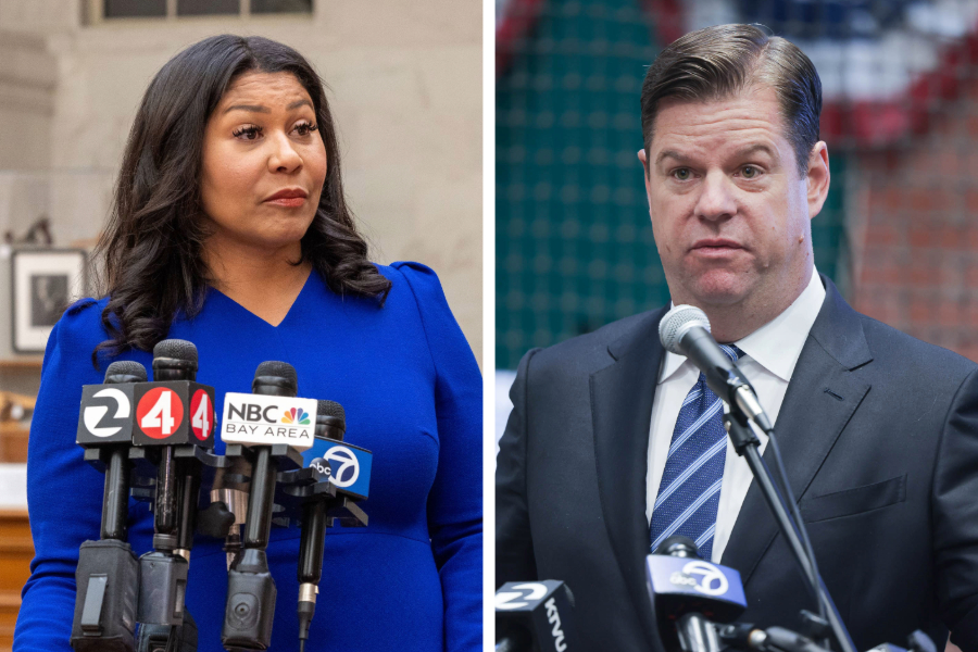 The image shows two people speaking at separate events. The woman on the left, wearing a blue dress, stands behind multiple microphones, while the man on the right, in a suit and tie, speaks into a single mic.