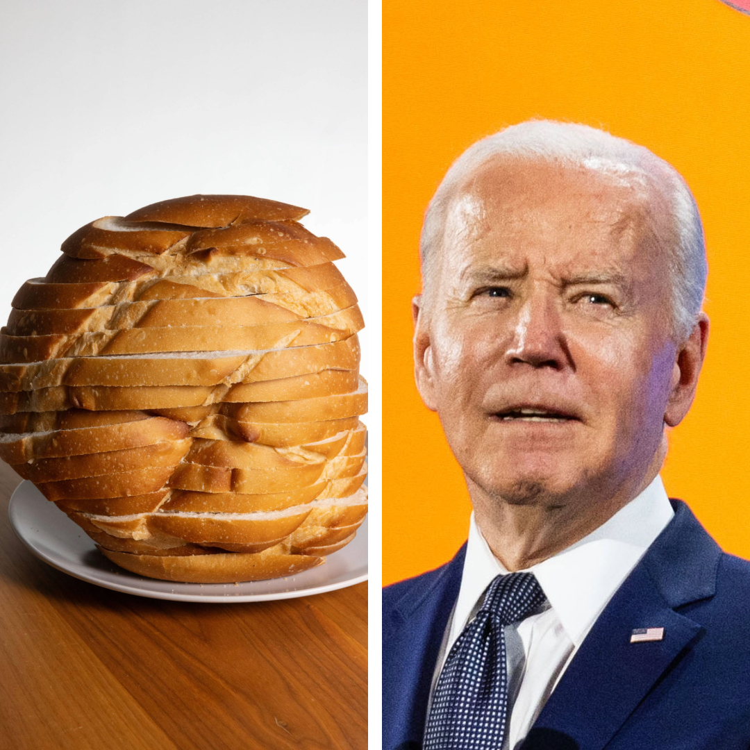 The image is split into two halves: the left side shows a sliced loaf of bread on a plate, while the right side features an older man in a suit and tie against a bright orange background.