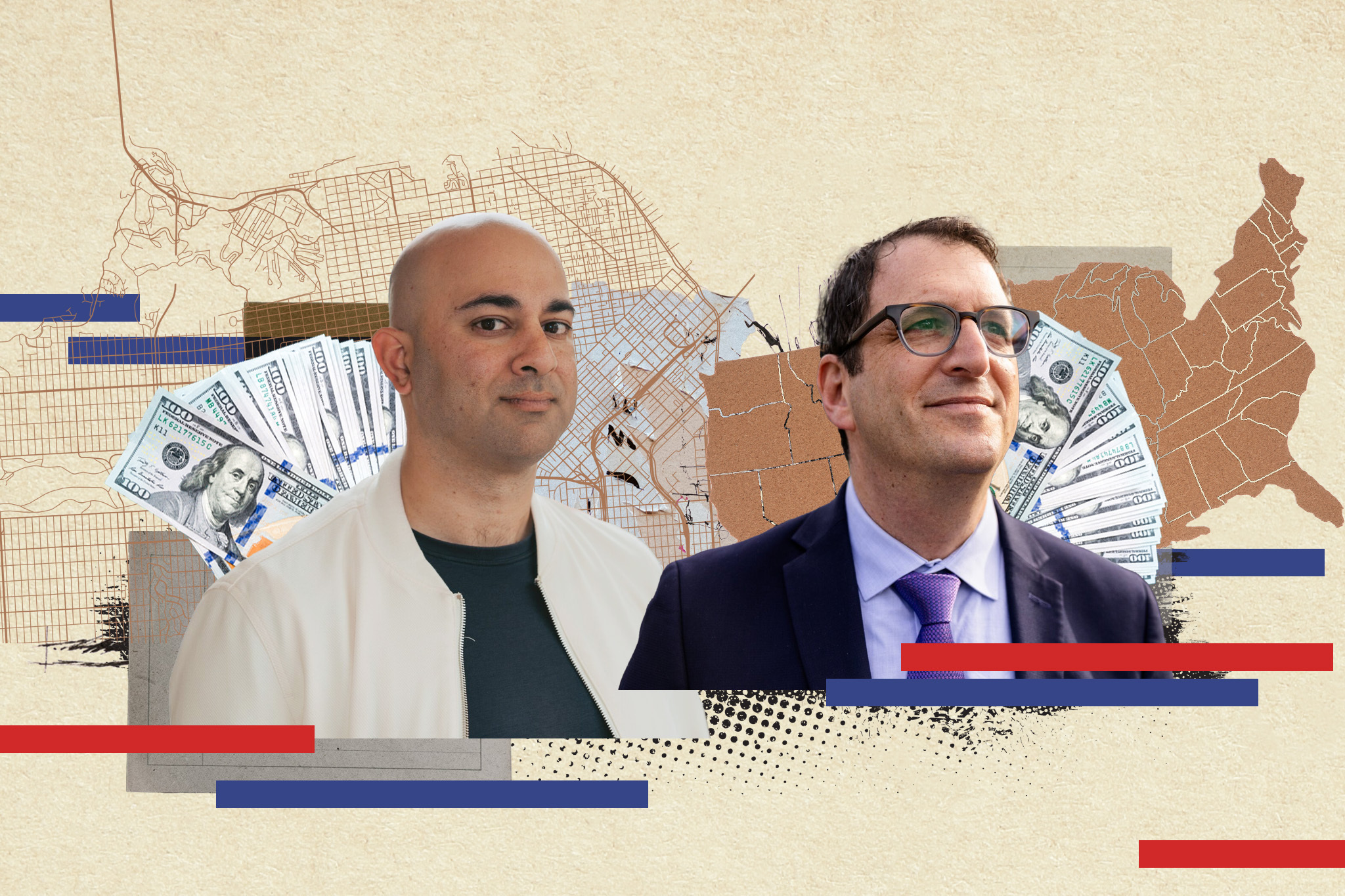 The image shows two men overlaid with maps and fanned 100-dollar bills, enhanced with blue and red lines and dots for a digital collage effect.