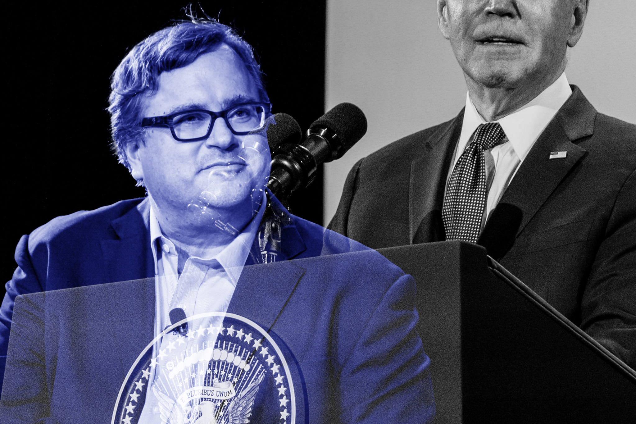 The image shows a double exposure of two men at a podium, one overlaid in blue with glasses and the other in a suit and tie with the U.S. presidential seal visible.