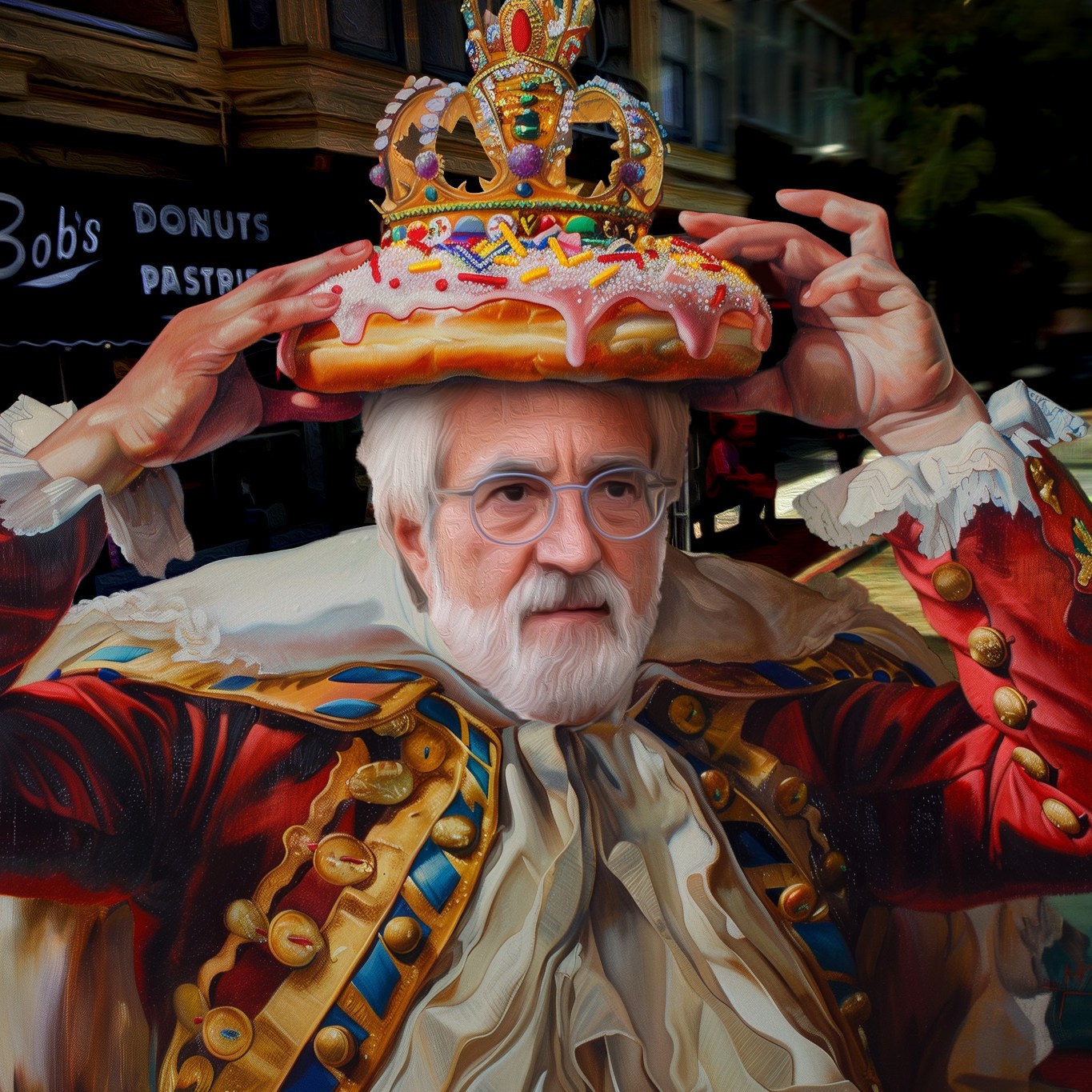 An older man with glasses, wearing an elaborate red and gold royal outfit, places a large donut with colorful sprinkles and a crown on top of his head, standing in front of Bob’s Donuts & Pastries shop.