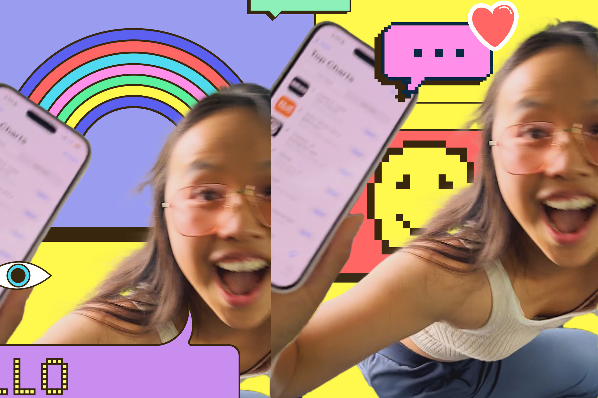 A smiling individual with glasses excitedly shows a phone while vibrant graphics in the background include a rainbow, pixel art, speech bubbles, and the word "HELLO."