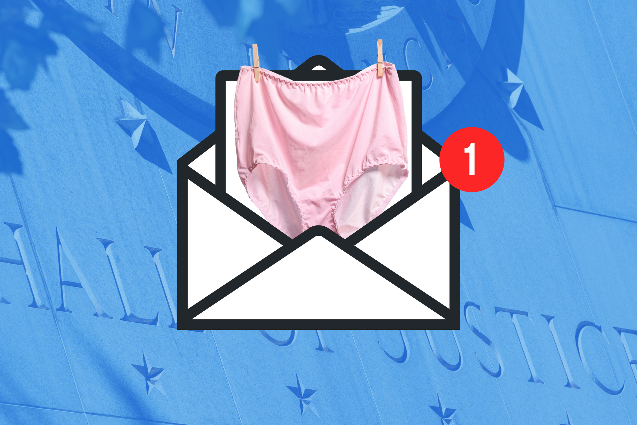 A graphic of an envelope with pink underwear clipped to it and a red notification badge, set against a blue-toned backdrop with the words "hall of justice."