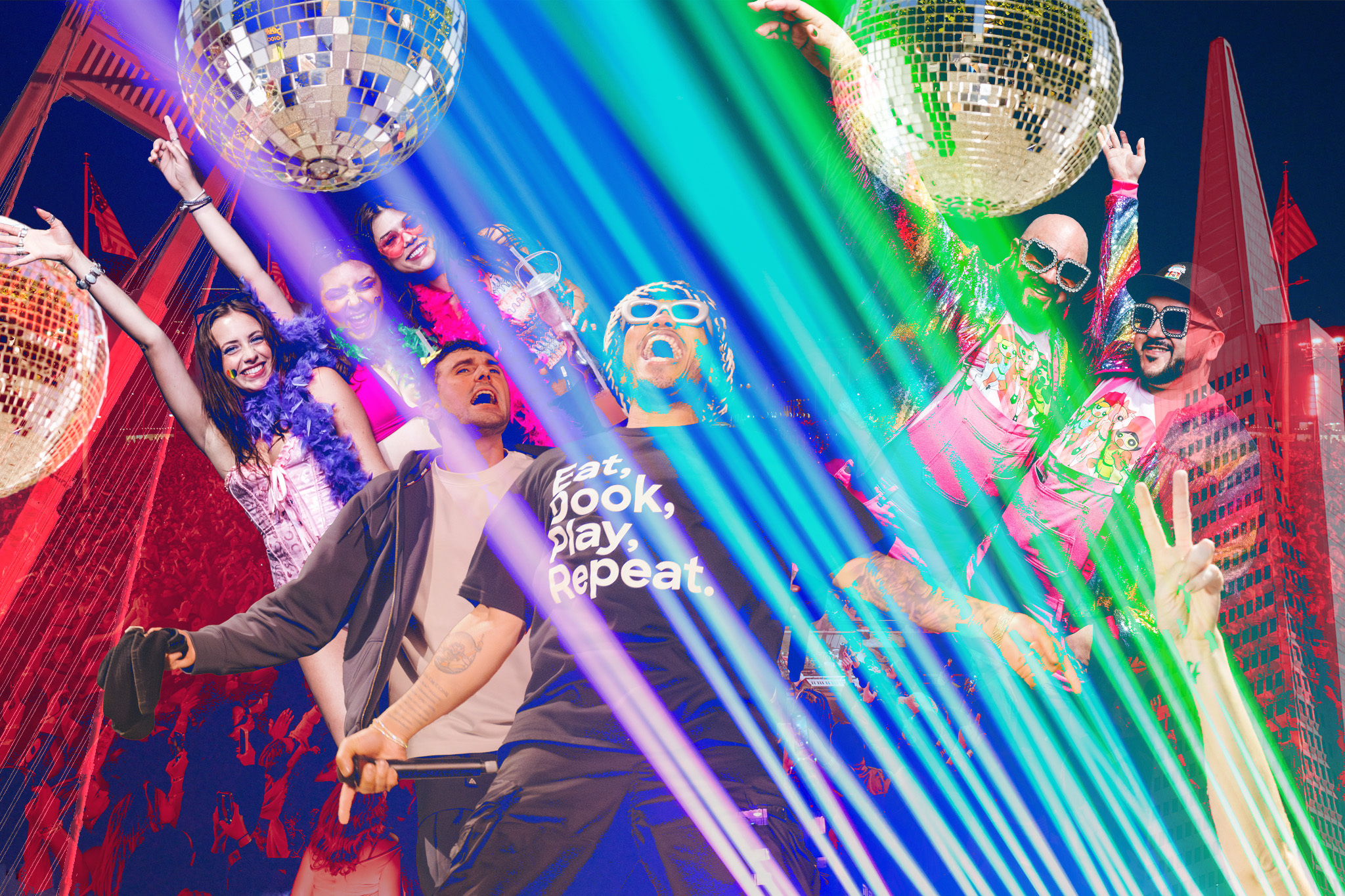 The image shows people dancing and celebrating under disco balls, with laser lights and a cityscape in the background. Some are wearing festive outfits and accessories.