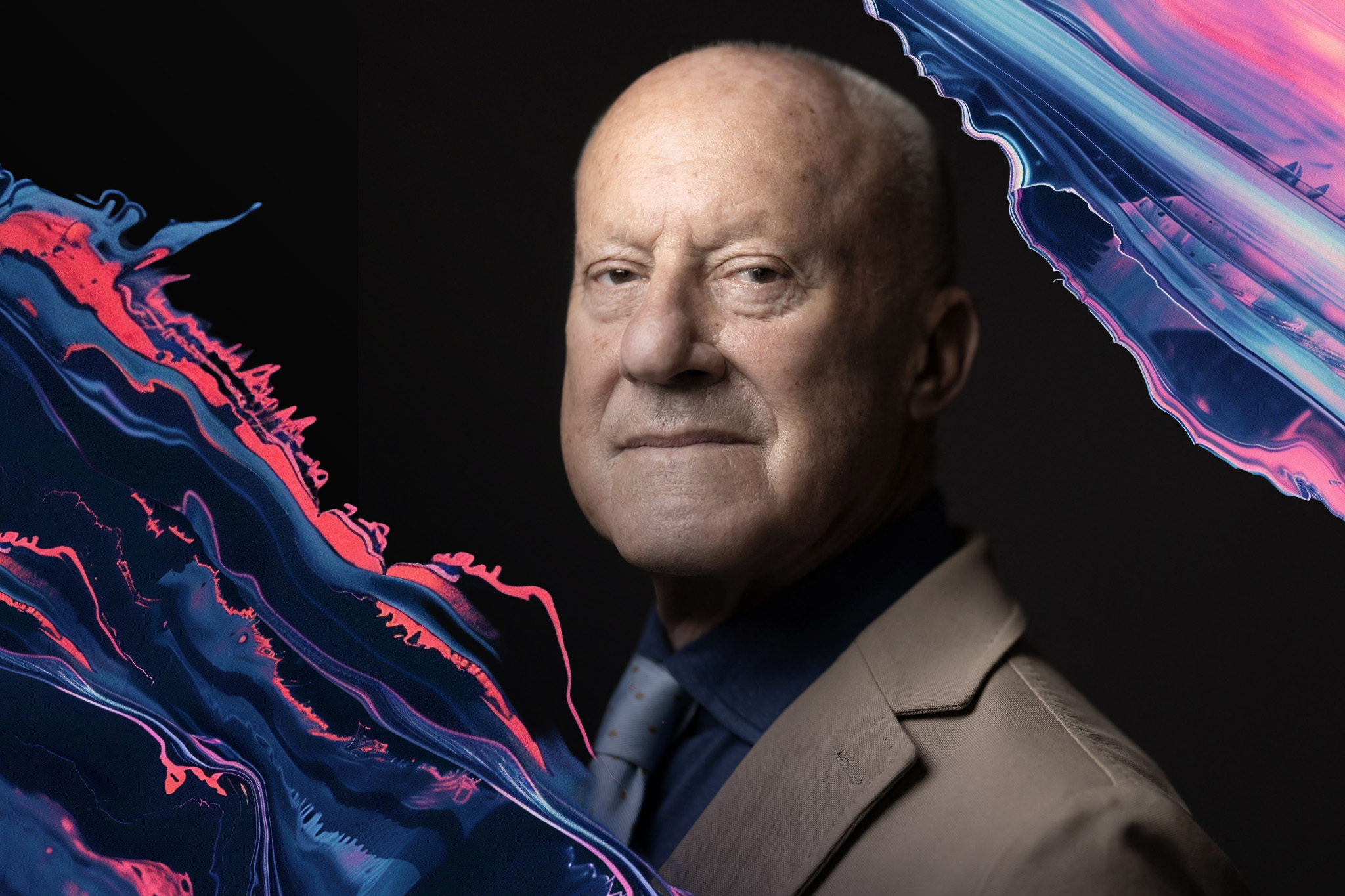 An older man in a suit, architect Norman Foster, looks directly at the camera, with abstract, colorful swirling patterns framing both sides of the image against a black background.