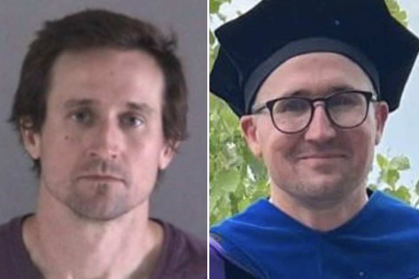 The image is a side-by-side comparison of two photos of the same man. The left shows him with disheveled hair in a serious expression, and the right shows him smiling in academic regalia.