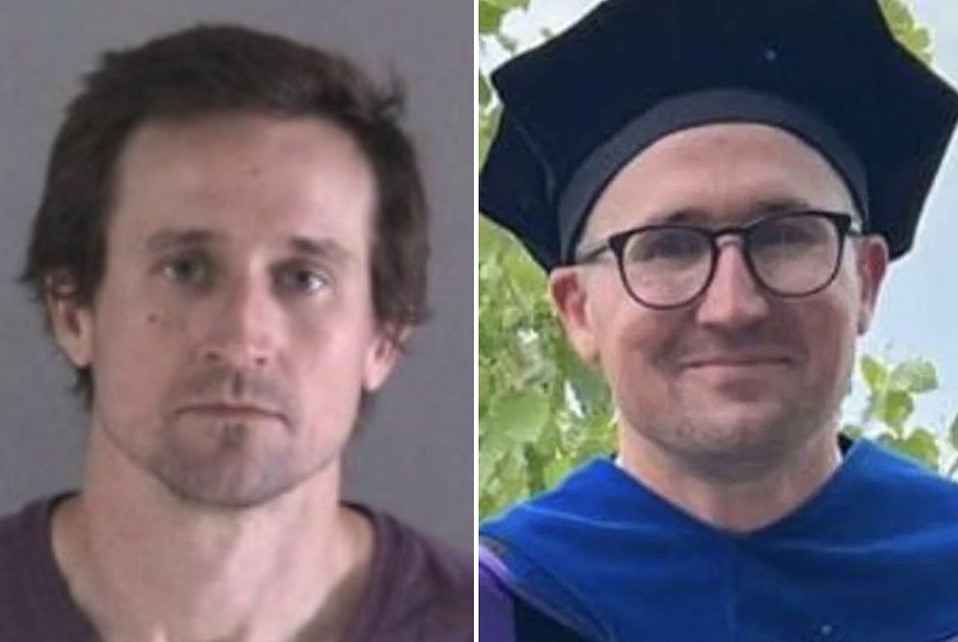The image is a side-by-side comparison of two photos of the same man. The left shows him with disheveled hair in a serious expression, and the right shows him smiling in academic regalia.