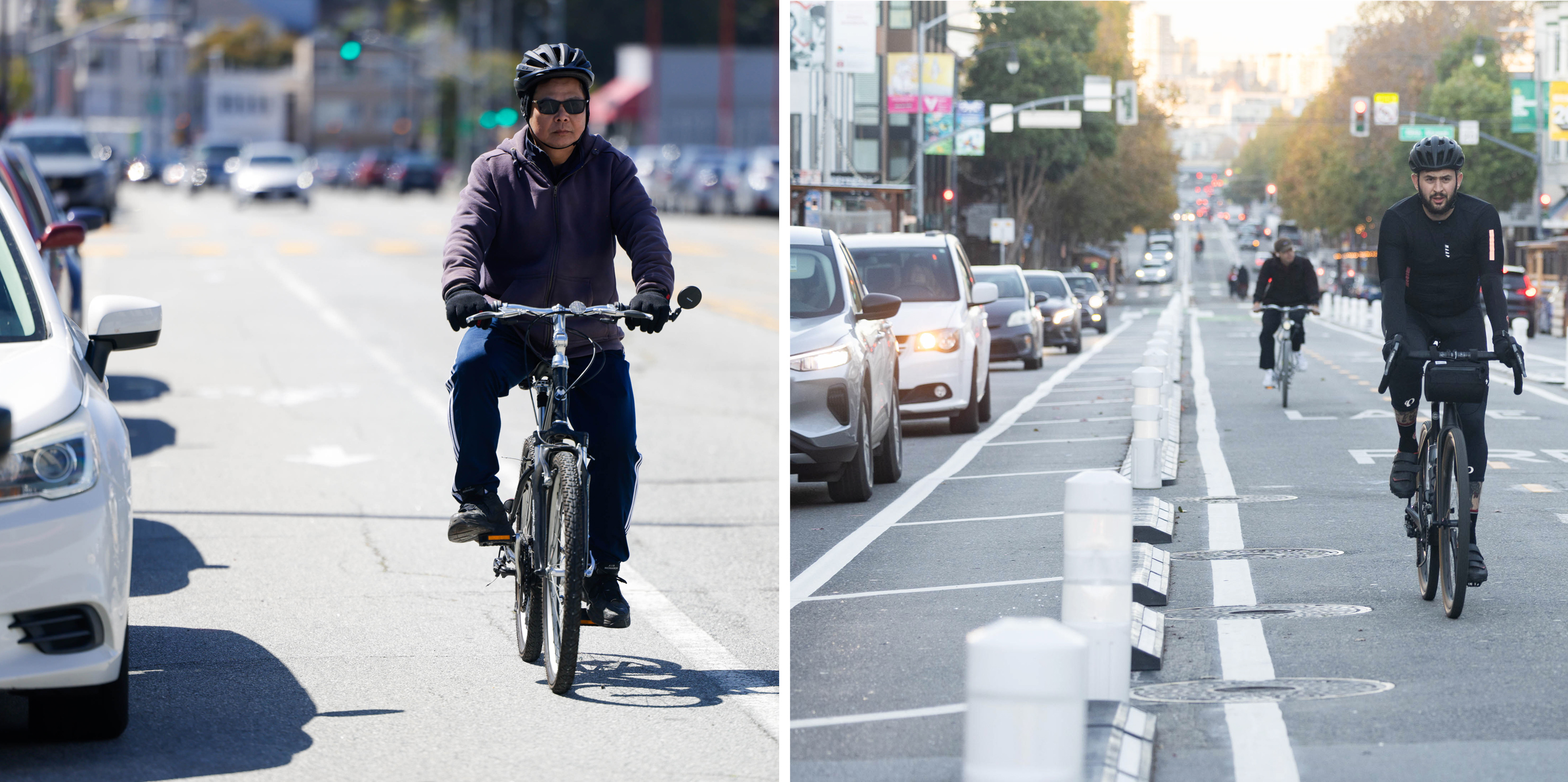 The image is divided into two parts: on the left, a person rides a bike on a street alongside parked cars; on the right, a separated bike lane features multiple cyclists and adjacent traffic.