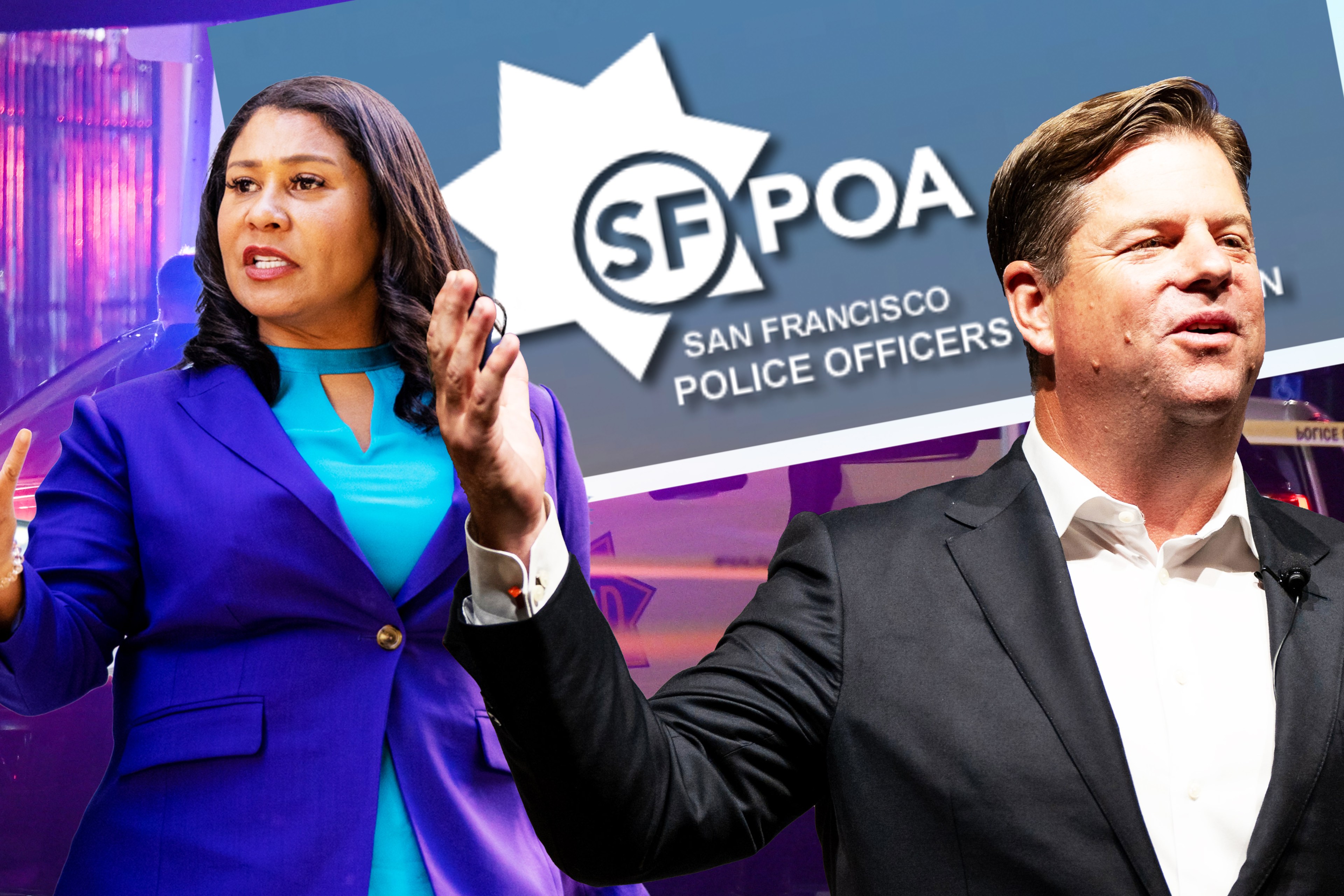 Two individuals gesture expressively in front of a backdrop featuring the SFPOA logo, which stands for San Francisco Police Officers Association.