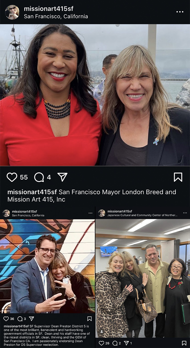 A series of photos with a woman in bklond bangs and San Francisco politicians.