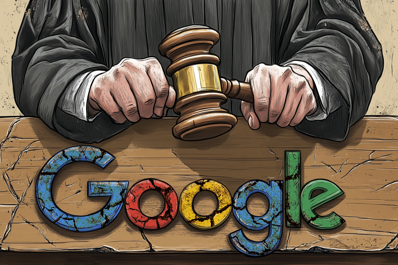 A judge's hands holding a gavel rest on a wooden surface displaying a distressed, cracked Google logo.