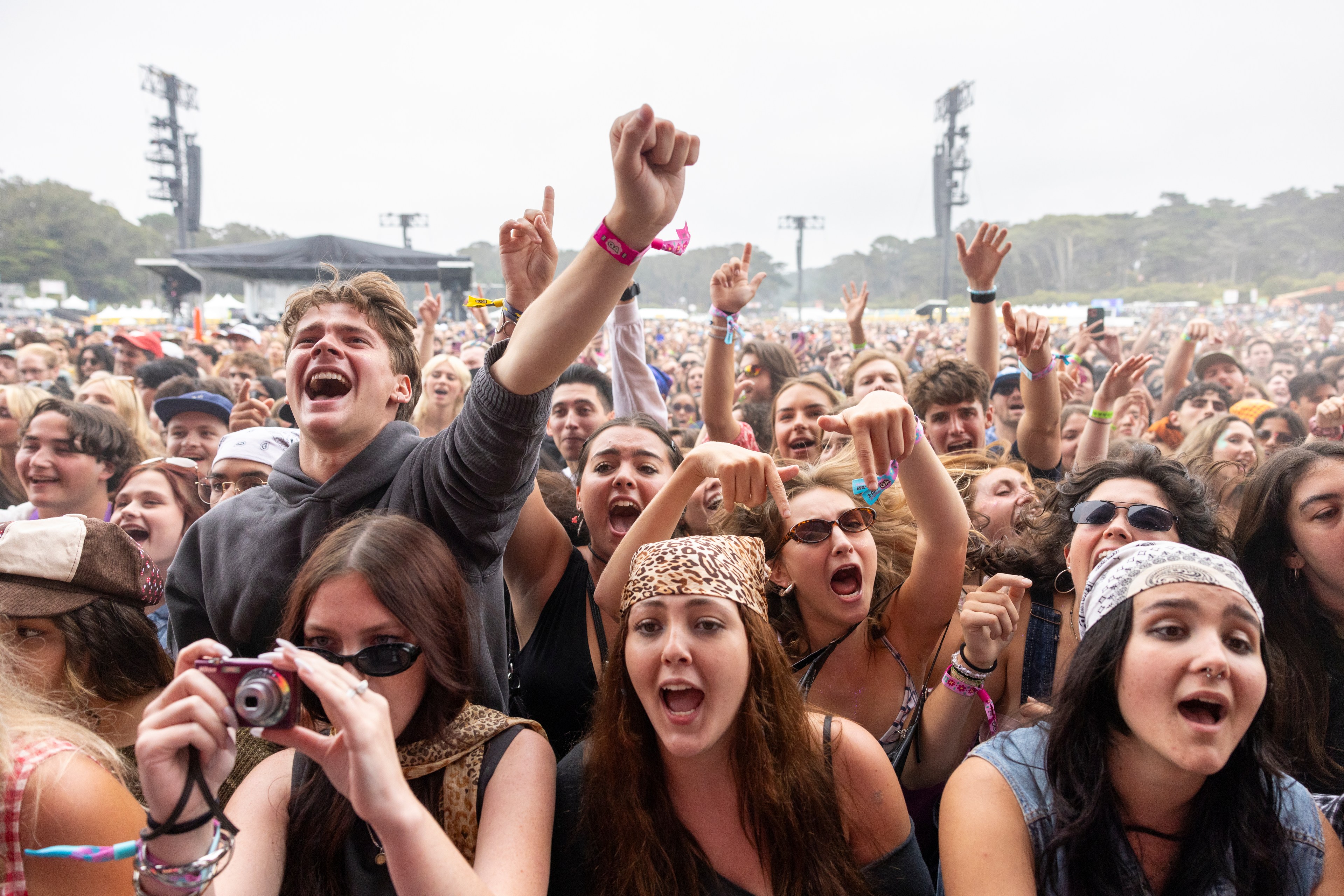 A large crowd at an outdoor concert passionately cheers, with many people raising their hands and some taking photos. Excitement and energy fill the scene.