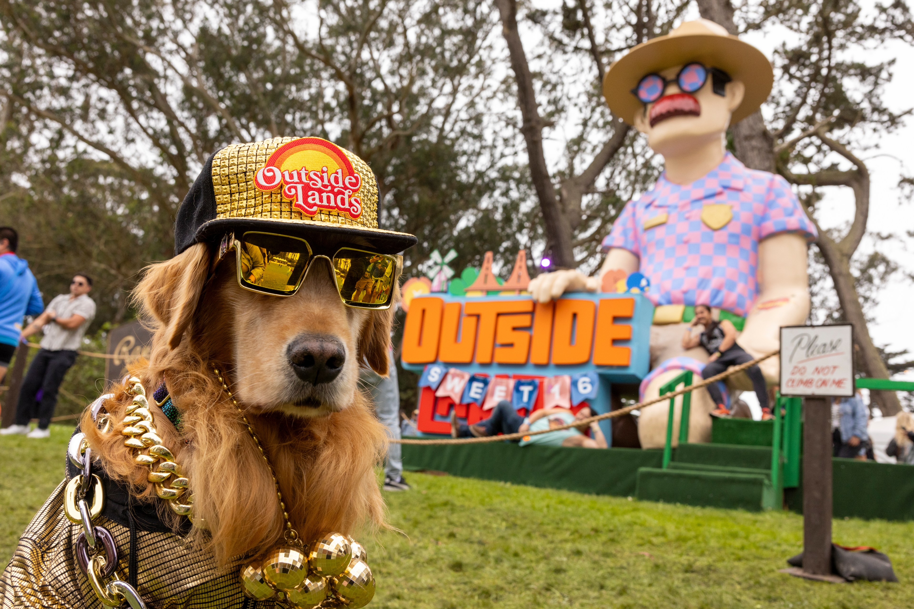 A dog wearing a golden hat, sunglasses, and heavy chains poses in front of an &quot;Outside Lands&quot; sign with a large statue behind it.