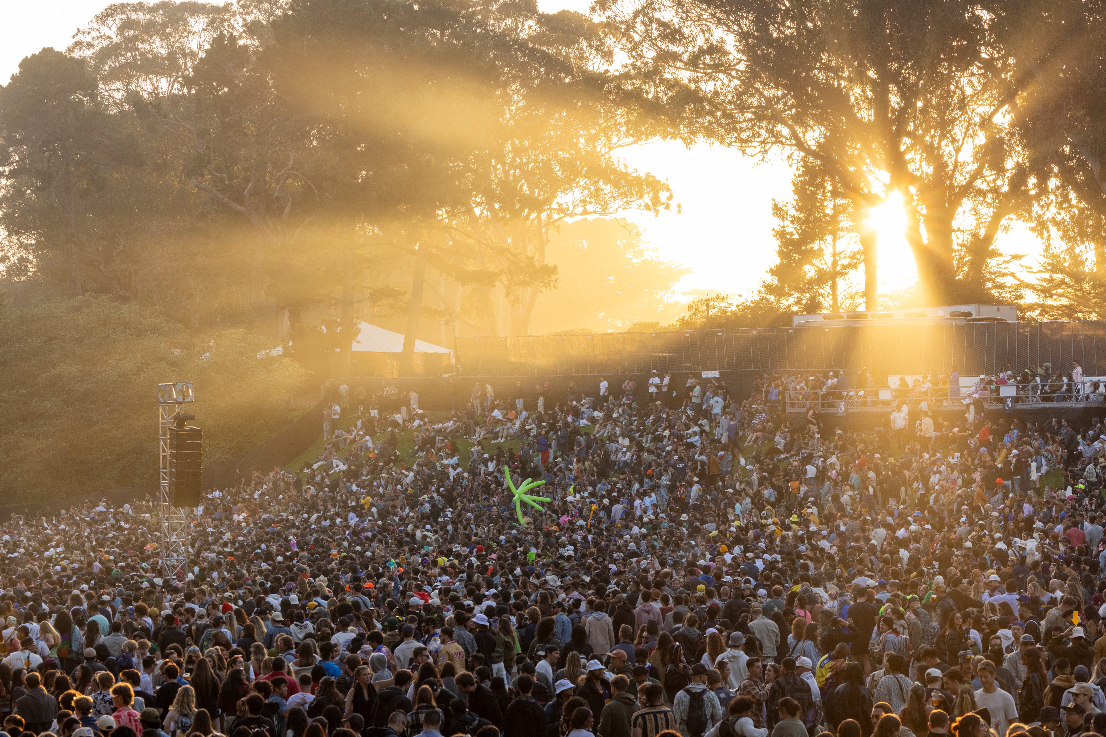 A large crowd at an outdoor concert stands and sits on a grassy hill, bathed in golden sunlight filtering through tall trees in the background.