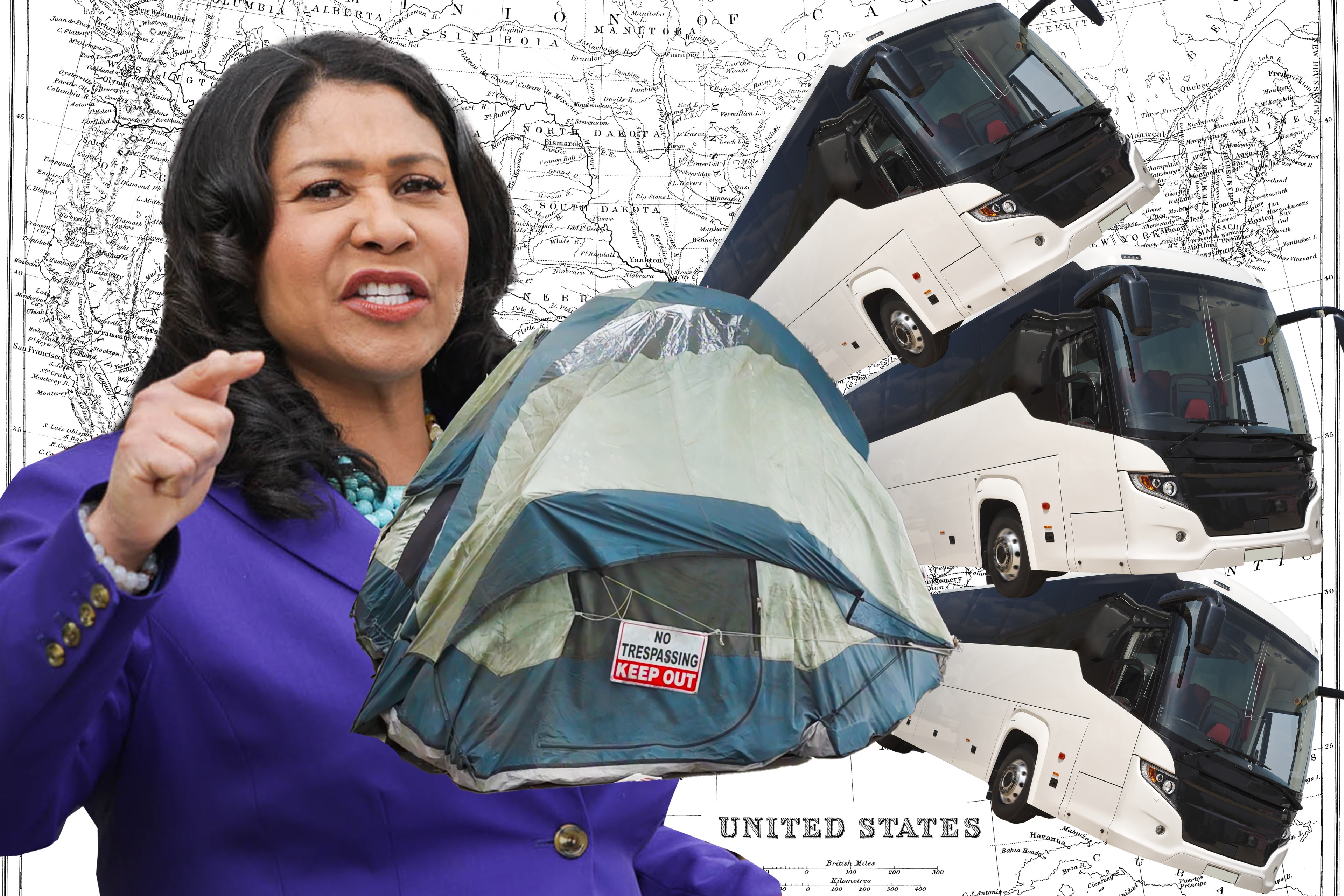 A woman in a purple jacket speaks passionately. Behind her, a tent with a "No Trespassing" sign and three white buses overlap a U.S. map background.