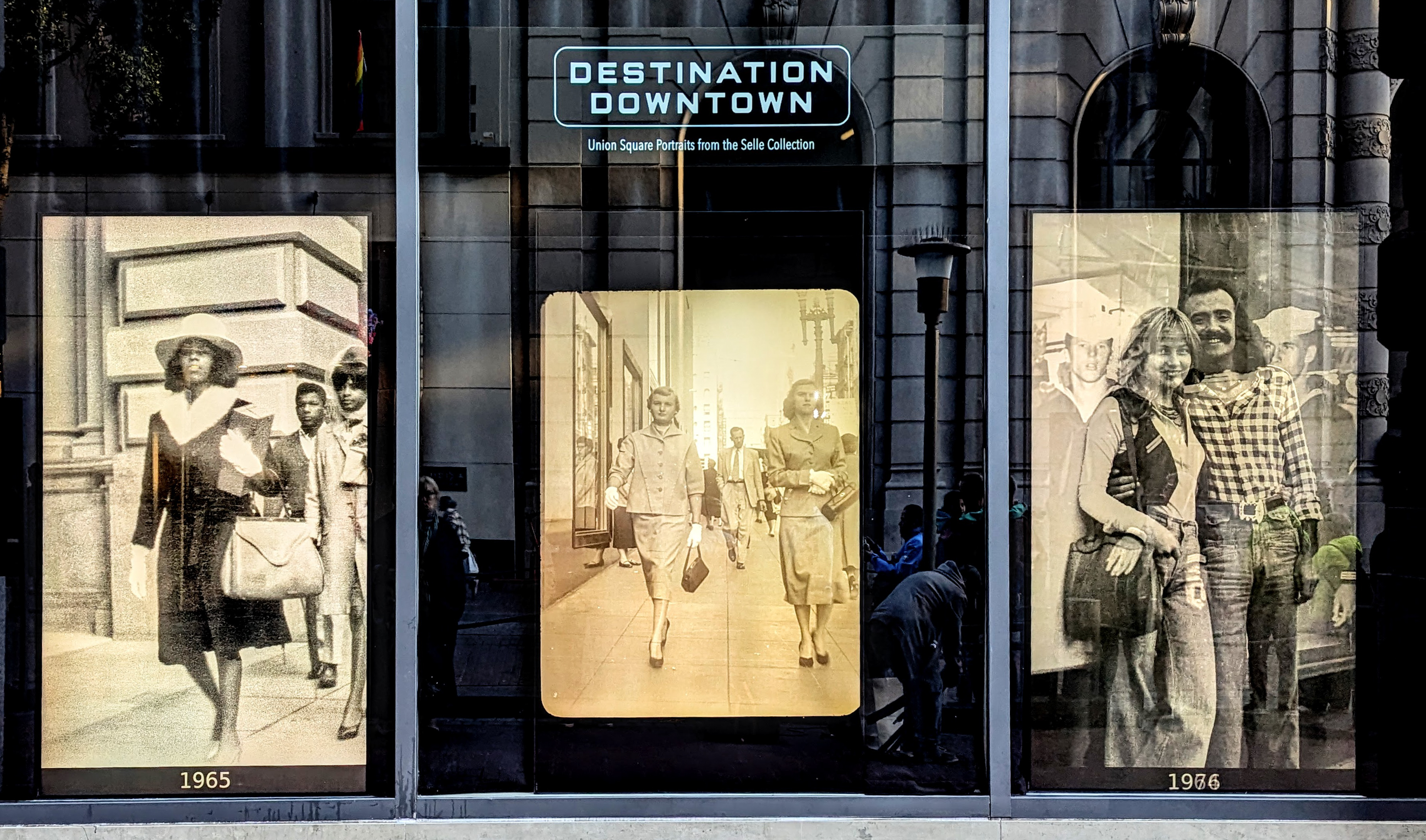 The image shows three sepia-toned historical photos labeled 1965, 1966, and 1976, featuring people walking and smiling in downtown, under a sign reading "Destination Downtown."