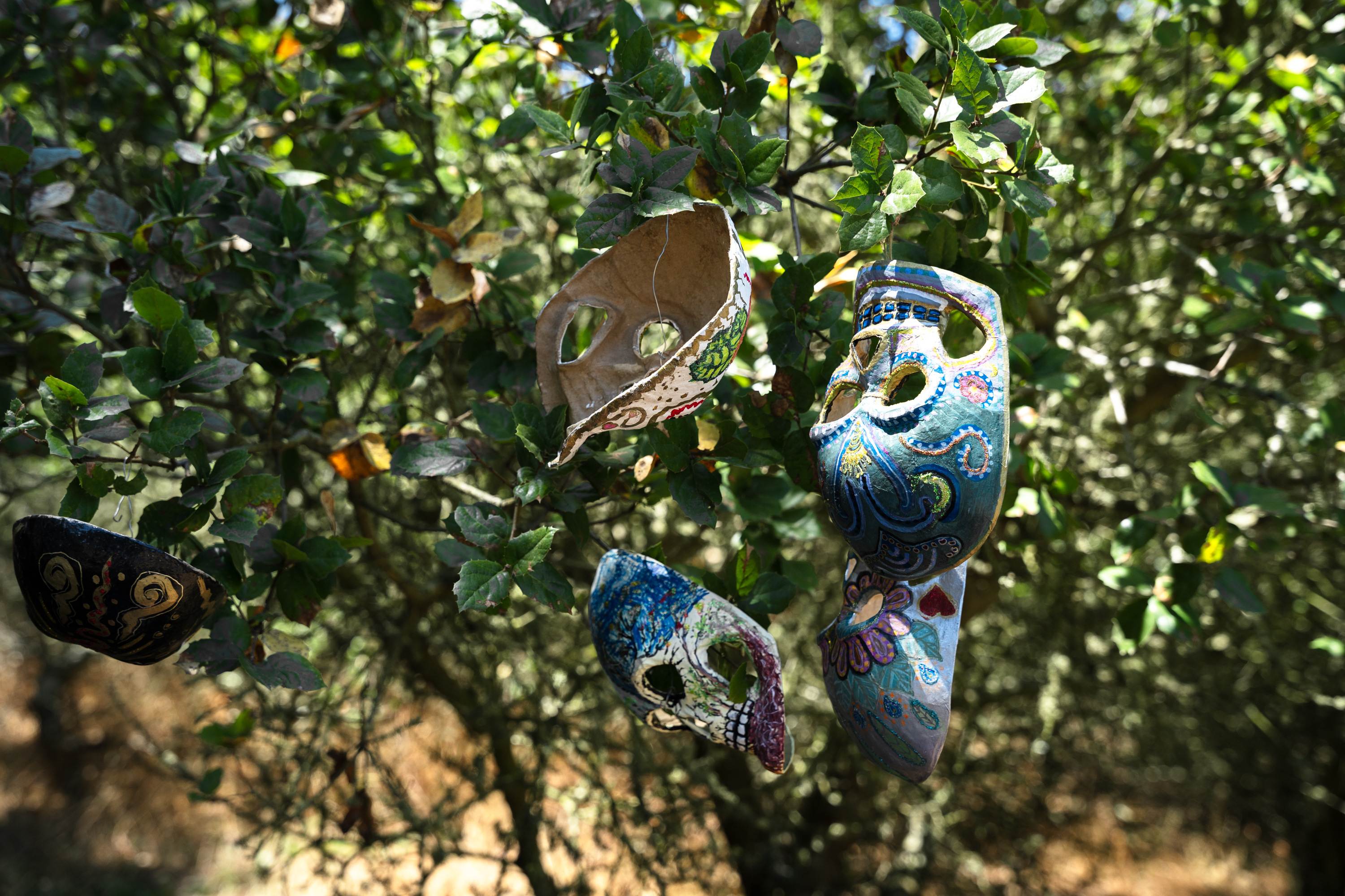 Colorful decorated masks hang from branches of a leafy bush, with sunlight filtering through the foliage, creating a whimsical outdoor setting.