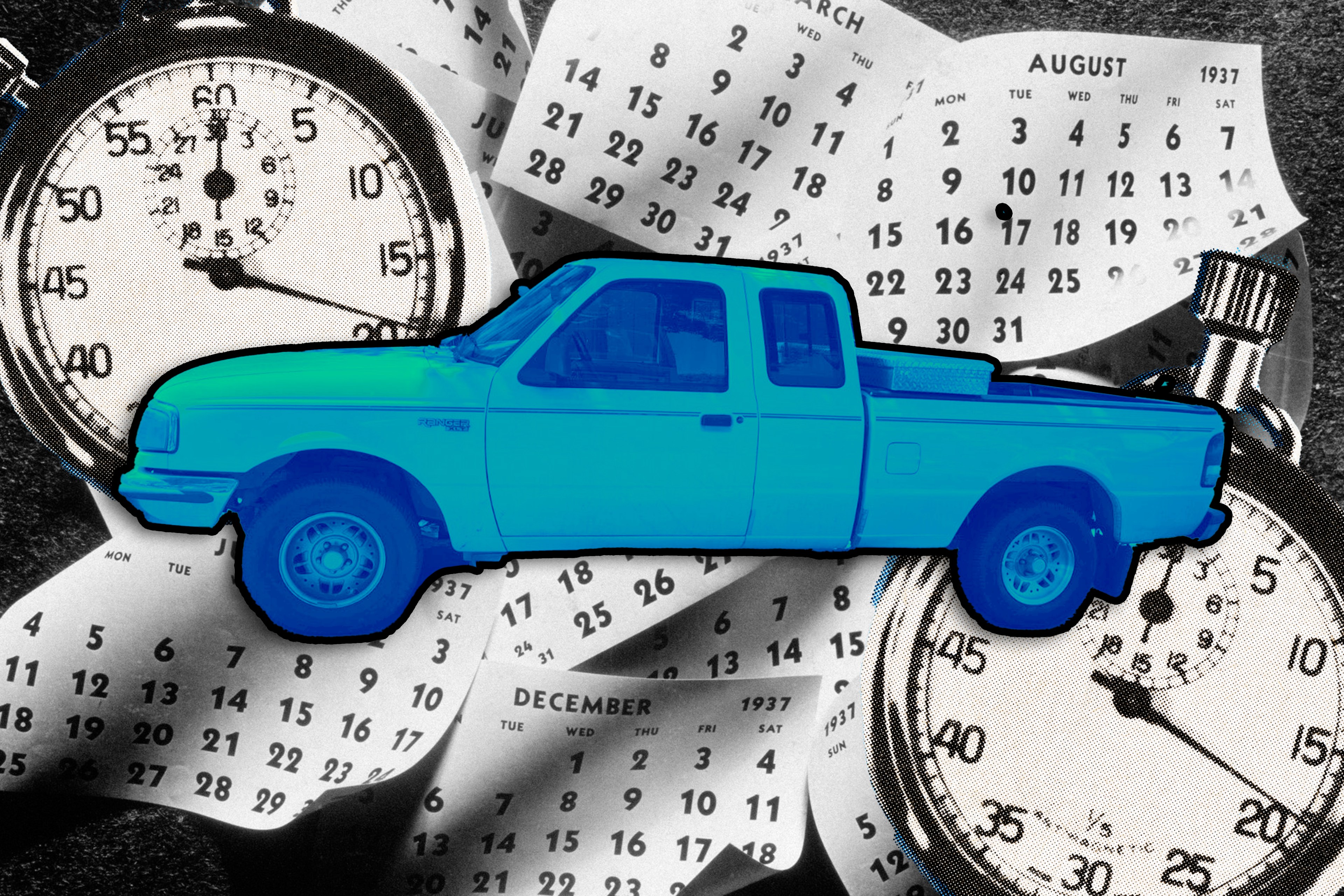 A blue pickup truck is superimposed onto a background featuring old calendar pages and vintage stopwatches, creating a sense of time or nostalgia.