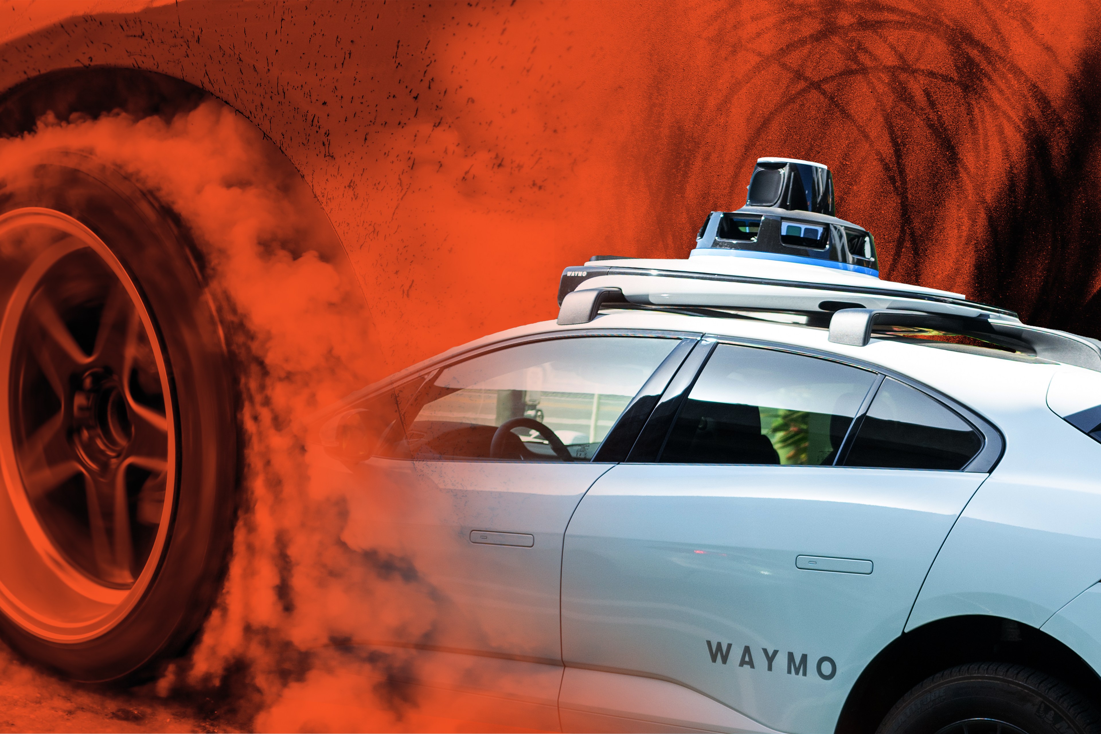 A Waymo self-driving car is depicted with a high-tech sensor on its roof, set against a vivid orange background featuring a close-up of a spinning car wheel.