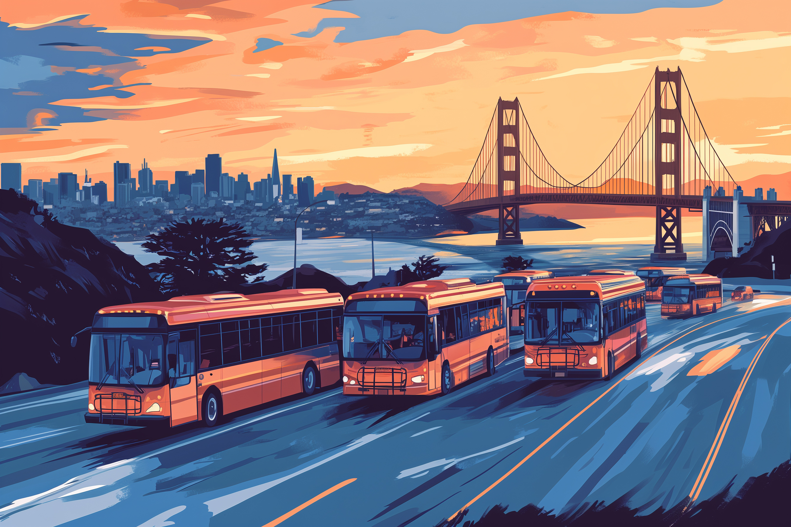 The image shows several orange buses traveling on a road with the Golden Gate Bridge and a city skyline in the background, set against a vibrant sunset sky.