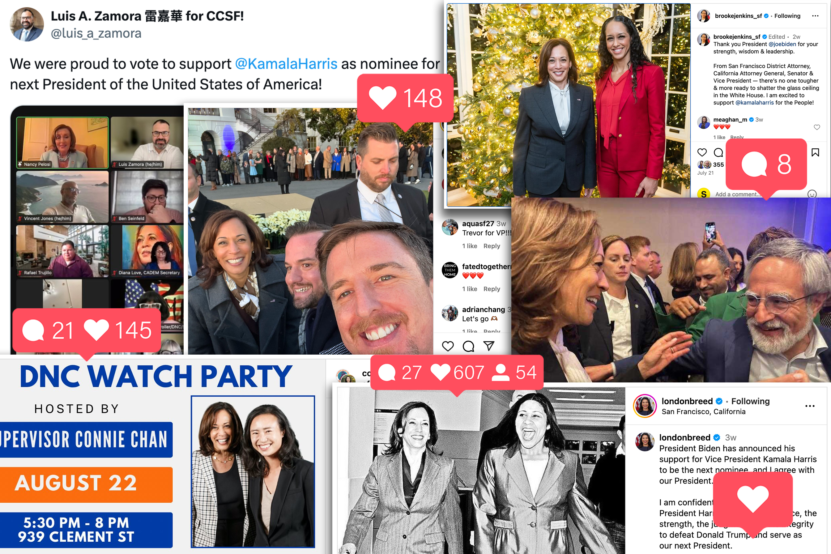 The image is a collage of various social media posts supporting Kamala Harris for President. It features photos, likes, and comments alongside event announcements and Zoom screenshots.