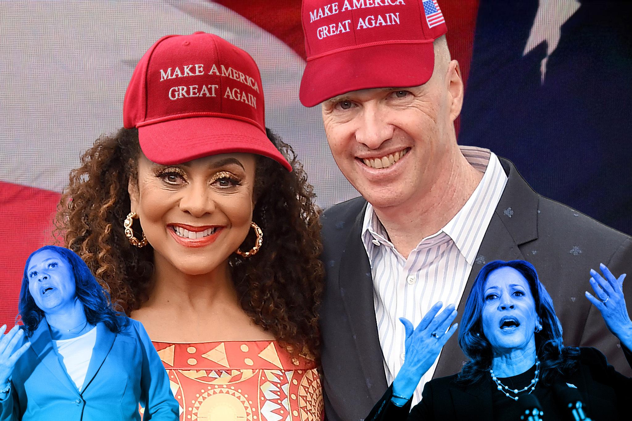 In this image, a smiling man and woman wear red "Make America Great Again" hats. The background features the American flag, and two smaller, blue-tinted images of a woman speaking are overlaid in the foreground.