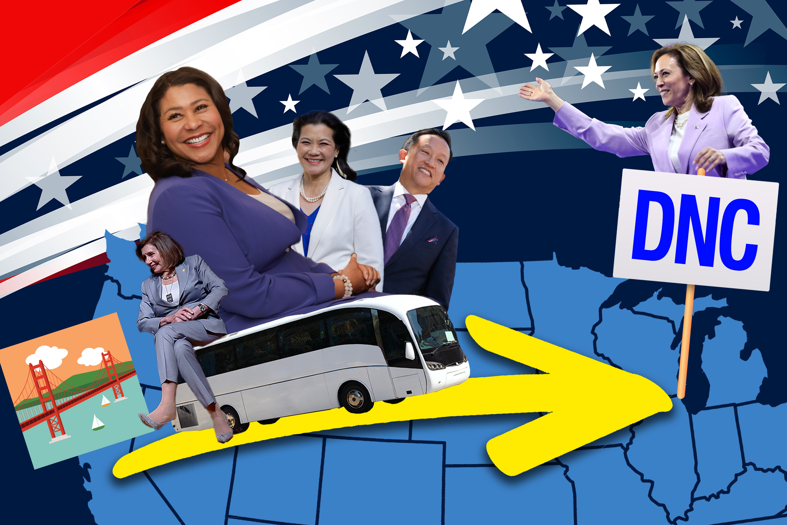 A collage features multiple people, a bus, and a sign reading "DNC" with a large arrow pointing eastward across a U.S. map, alongside an illustration of the Golden Gate Bridge.