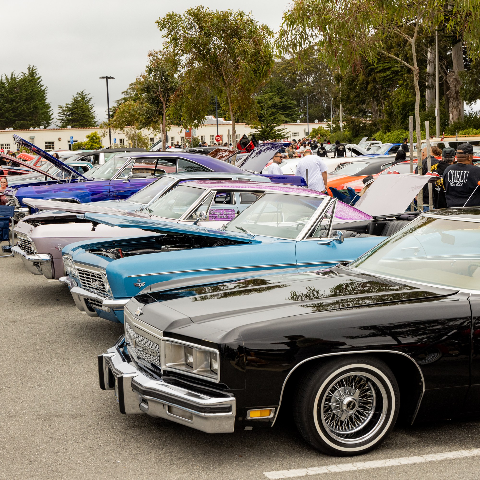 The image shows a line of classic cars with colorful exteriors parked at a car show. People are walking around, admiring the vehicles, and chatting.