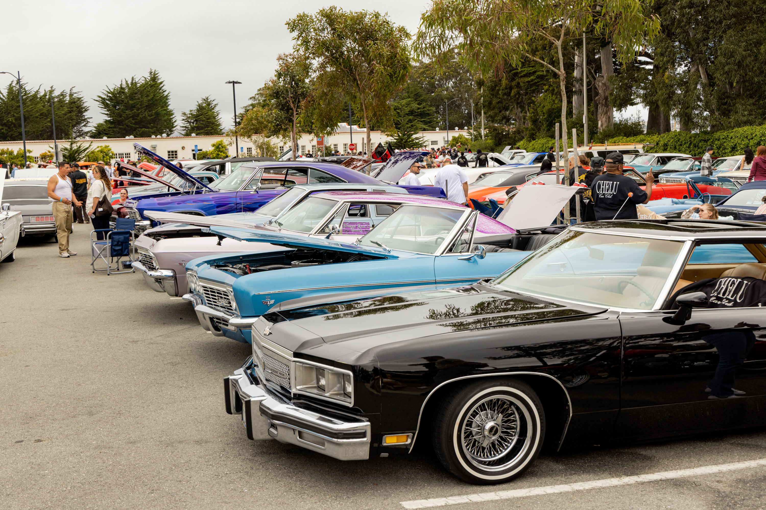 The image shows a line of classic cars with colorful exteriors parked at a car show. People are walking around, admiring the vehicles, and chatting.