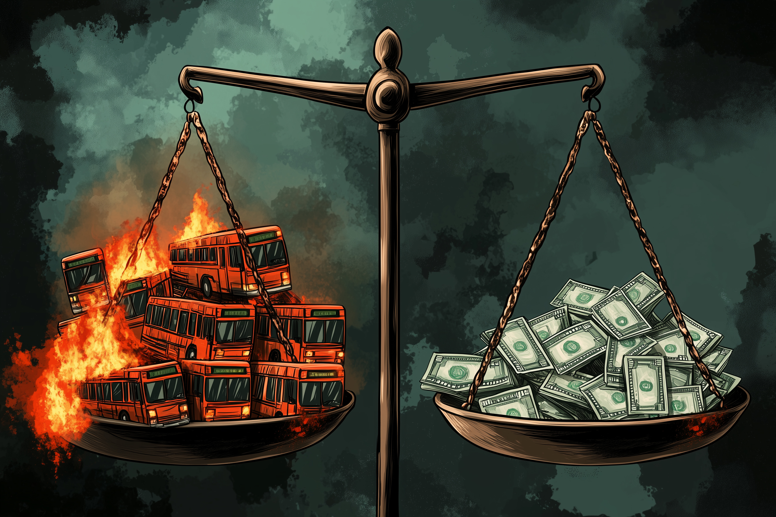 A balance scale has burning buses on the left pan and stacks of money on the right pan, with a dark, smoky background.