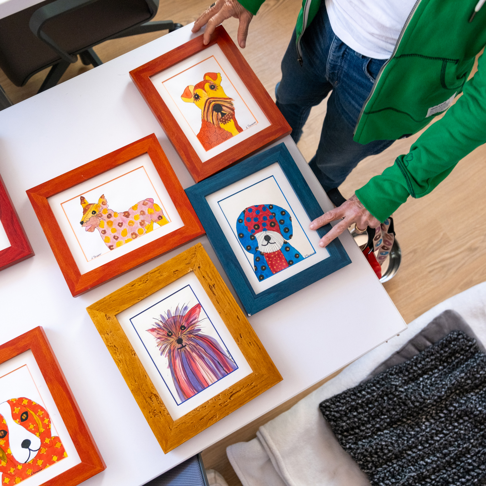 A person in a green jacket is arranging colorful framed drawings of various animals on a table. The frames are red, blue, and yellow.