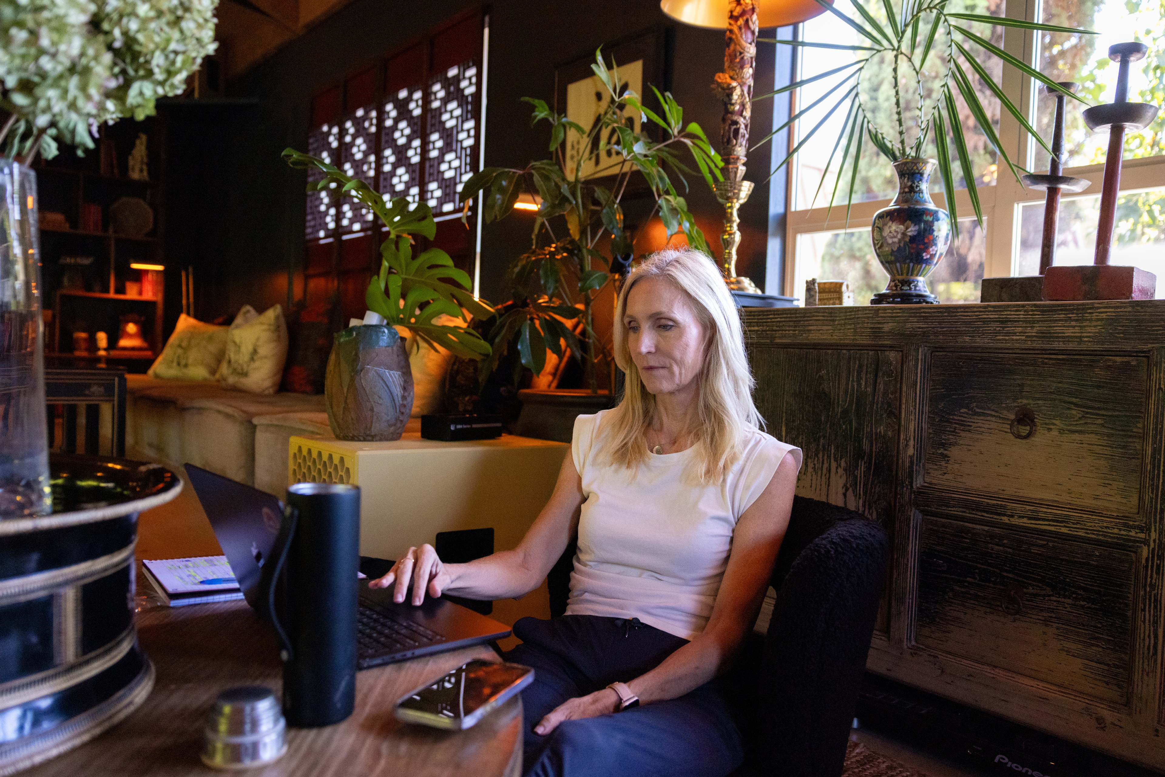 A woman works on a laptop at a desk in a cozy, dimly-lit room with plants, decorative items, and a window in the background.