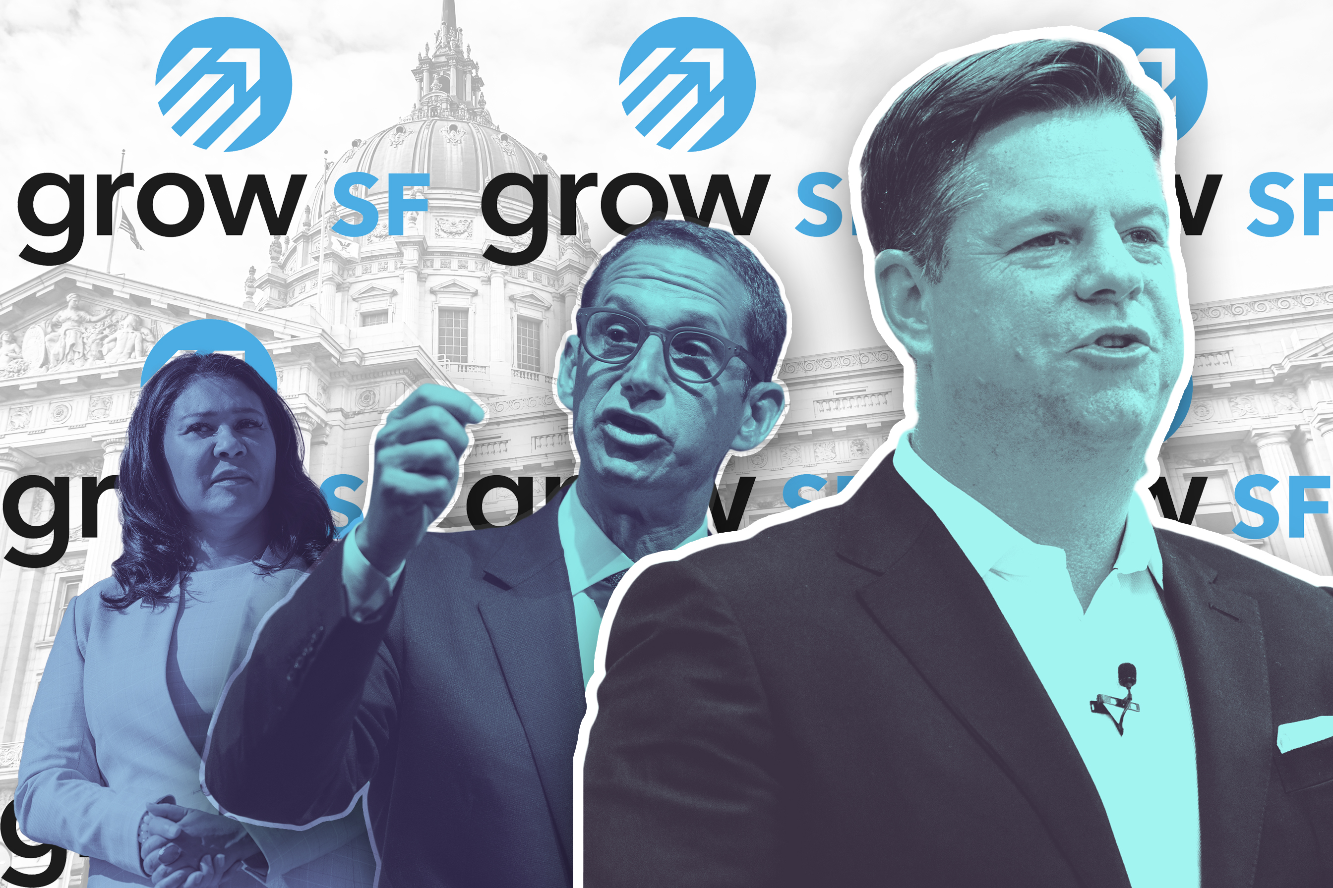 Three people are shown in front of a backdrop with the words "grow SF," city hall, and blue upward arrows. They appear to be making speeches.