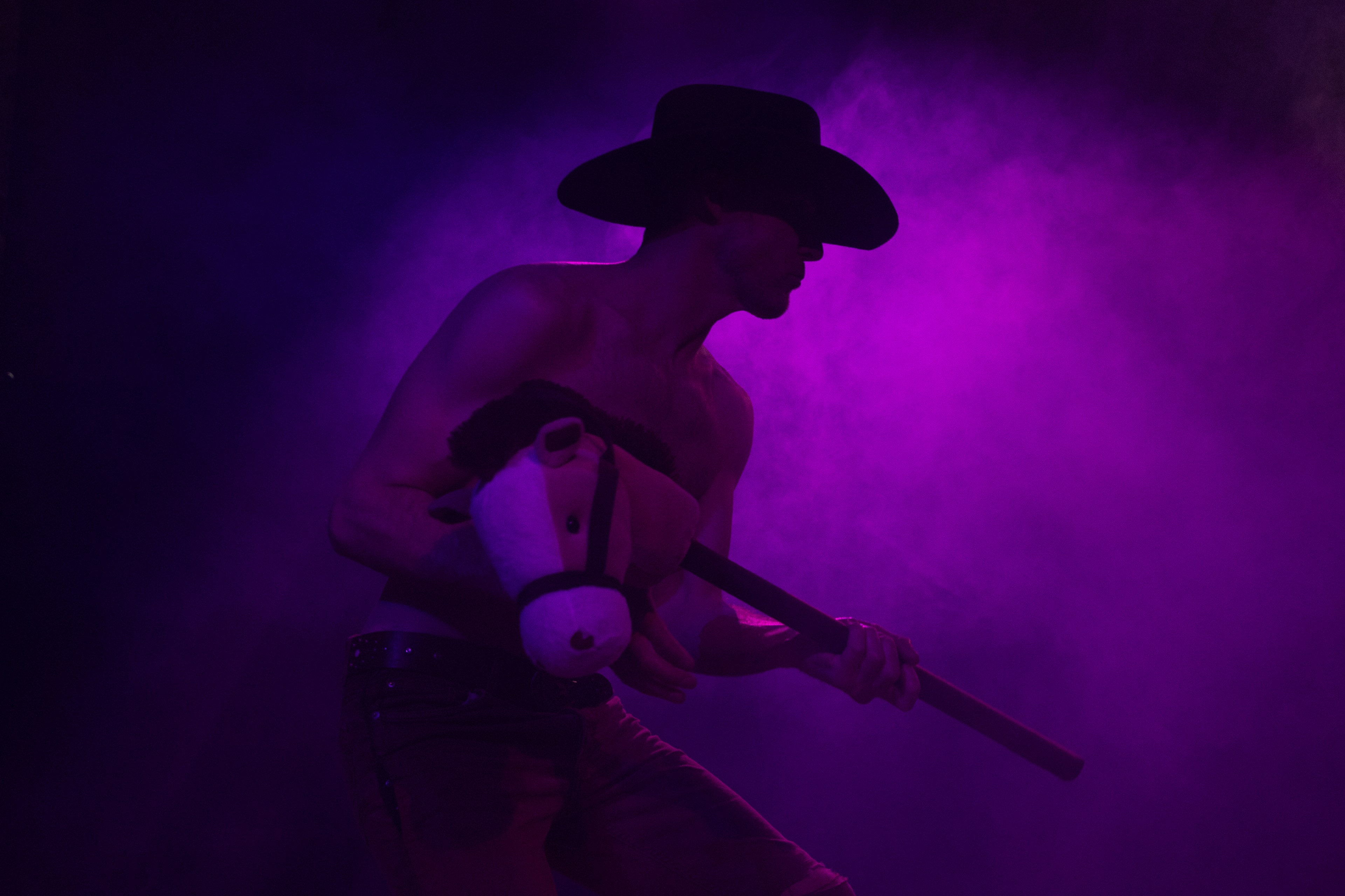 A shirtless person wearing a cowboy hat holds a toy stick horse, silhouetted against a purple haze backdrop.