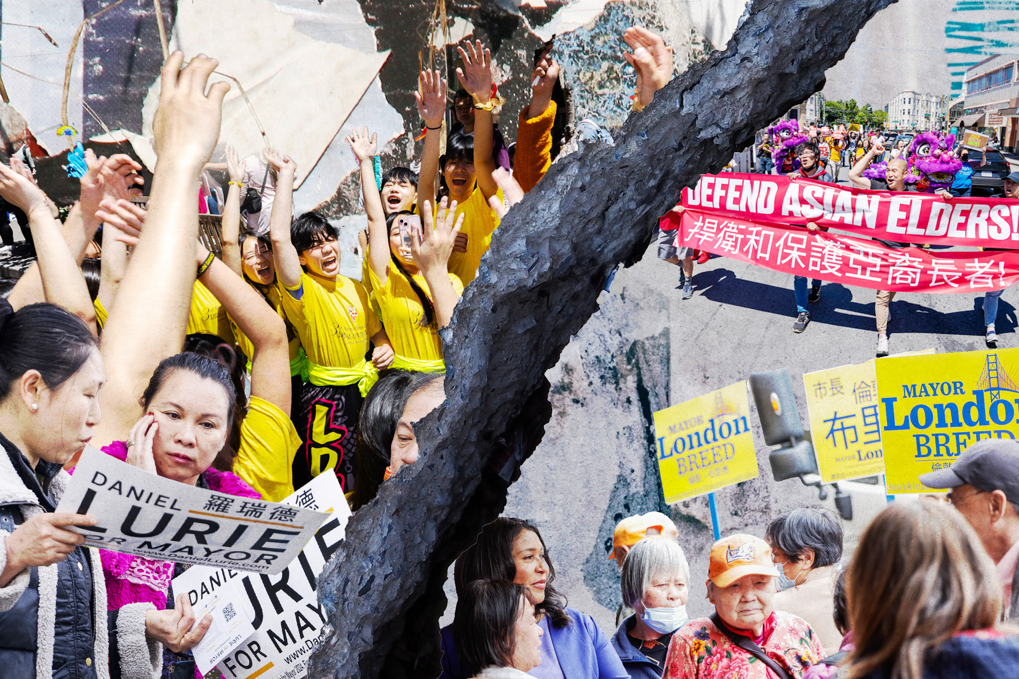 The image is a collage featuring people in protests, a "Defend Asian Elders" banner, campaign signs for mayoral candidates, and a group in yellow shirts cheering.