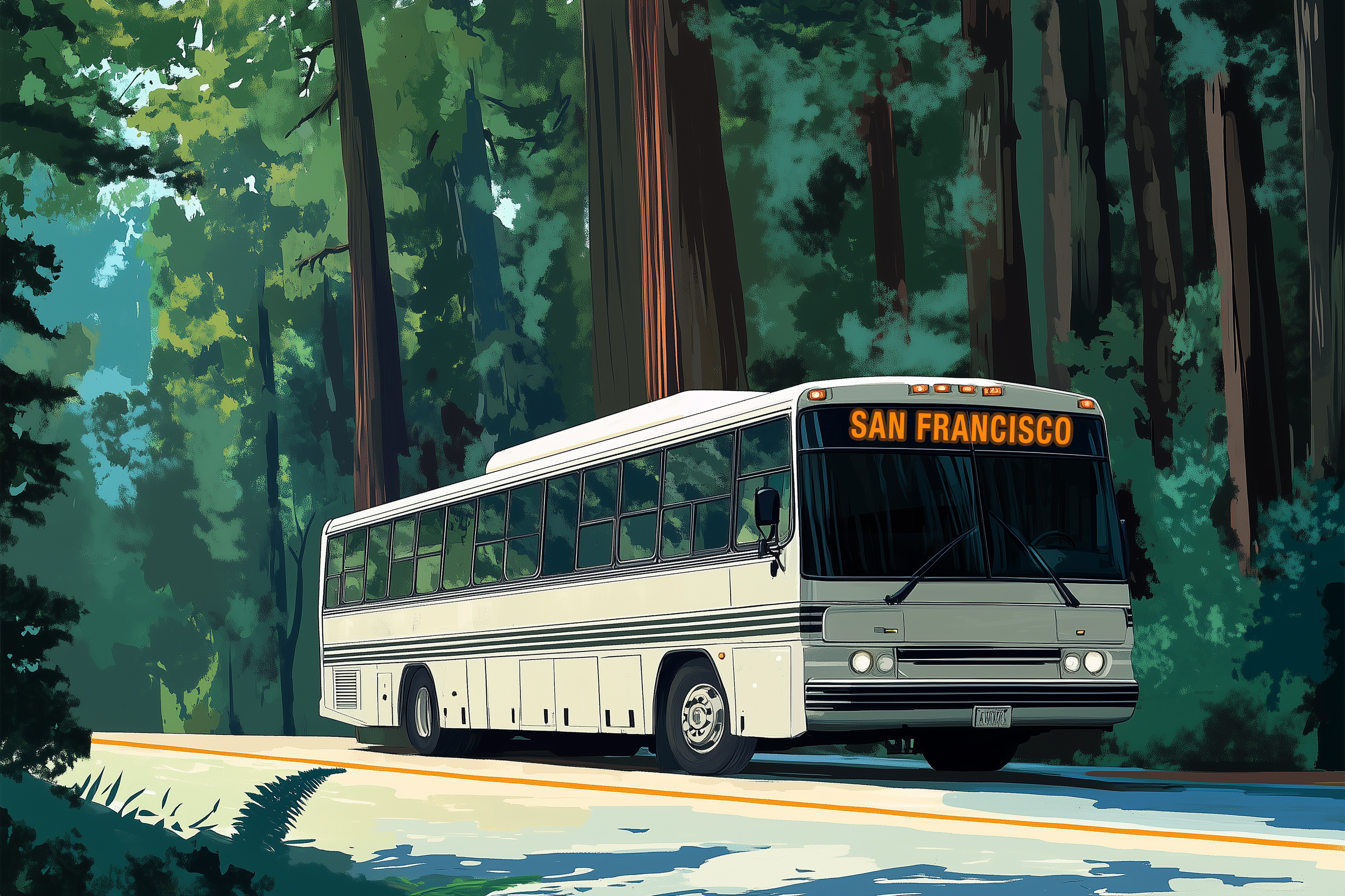 A bus with "San Francisco" displayed on its front destination sign is driving through a forest with tall trees and lush greenery surrounding it.