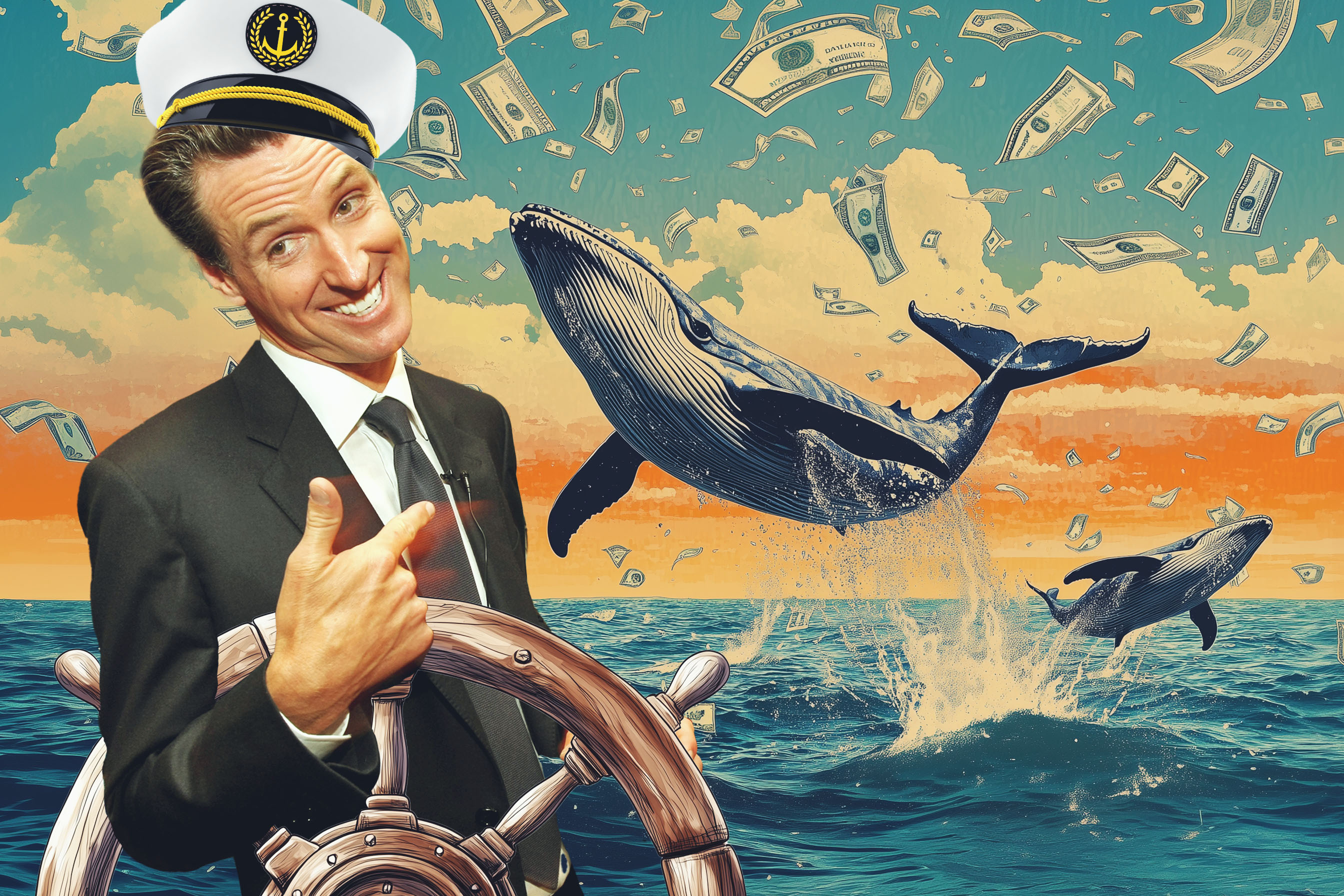 A man in a captain's hat stands at a ship's wheel, pointing and grinning. Behind him, whales leap from the ocean as dollar bills rain from the sky against a sunset.