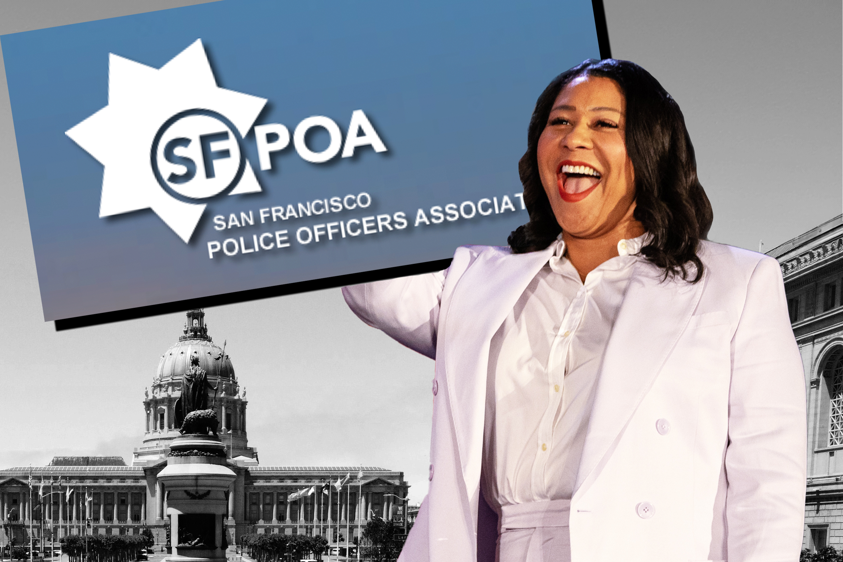 A person in a white suit smiles broadly, with a sign for the San Francisco Police Officers Association (SFPOA) overhead and a domed building in the monochrome background.