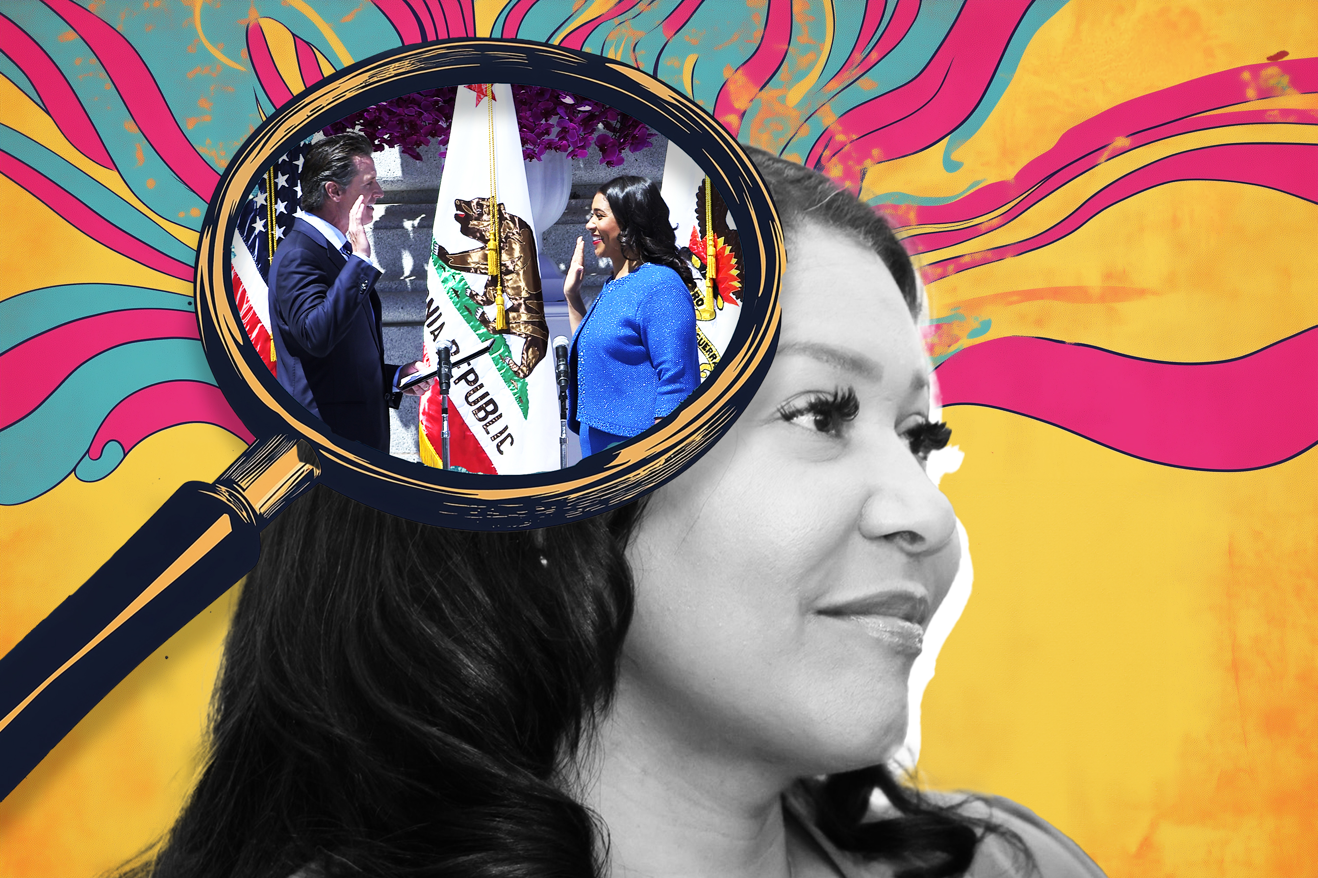 An illustration of London Breed showing a magnifying glass reading her fantasy of being sworn in again as mayor