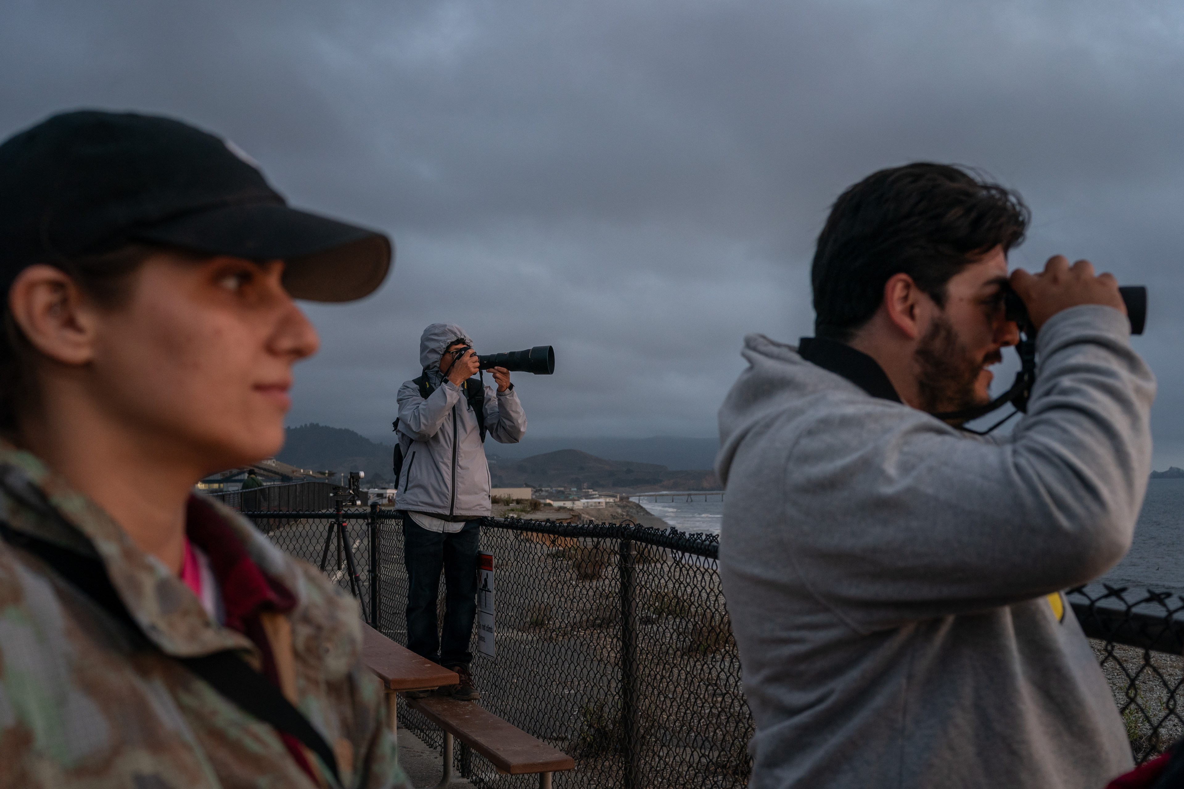 Three people are observing the scenery: one with binoculars, one with a camera, and a woman in the foreground looking ahead. They stand by a fence, beside an ocean.